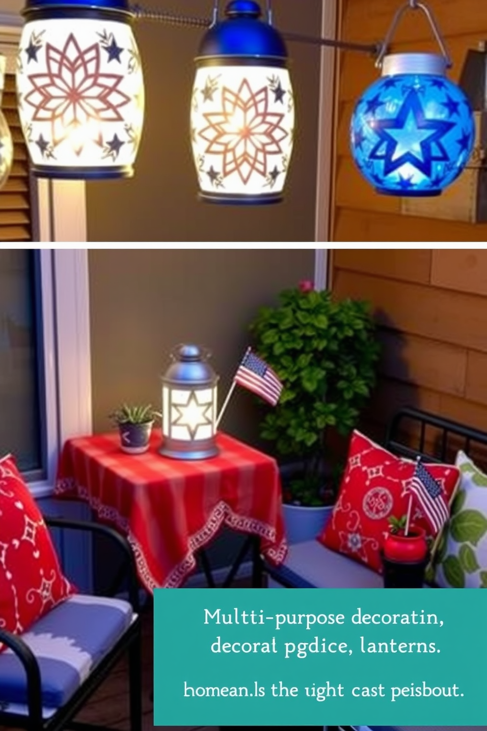 Outdoor lanterns with intricate star patterns illuminate a cozy patio space. These lanterns are strategically placed on small tables, casting beautiful shadows and creating a warm ambiance for evening gatherings. For Memorial Day, the decor features red, white, and blue accents throughout the small space. A charming table is adorned with a festive tablecloth, and small flags are placed in flower pots, adding a patriotic touch to the outdoor setting. Small space decorating ideas focus on maximizing functionality while maintaining aesthetic appeal. Multi-purpose furniture, such as a storage bench, is paired with vibrant cushions to enhance comfort and style.