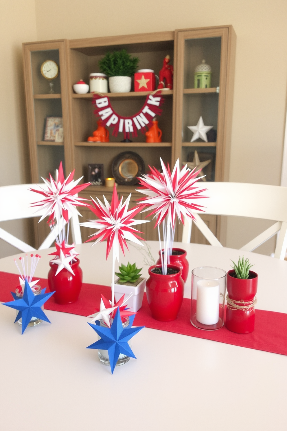 A vibrant table setting for Memorial Day features a red, white, and blue theme with a checkered tablecloth. The centerpiece is a bouquet of fresh flowers in a mason jar surrounded by themed dishes like star-shaped cookies and mini burgers. Small space decorating ideas focus on maximizing functionality while maintaining style. Use multi-functional furniture such as a foldable dining table and add vertical storage solutions to keep the area organized and visually appealing.