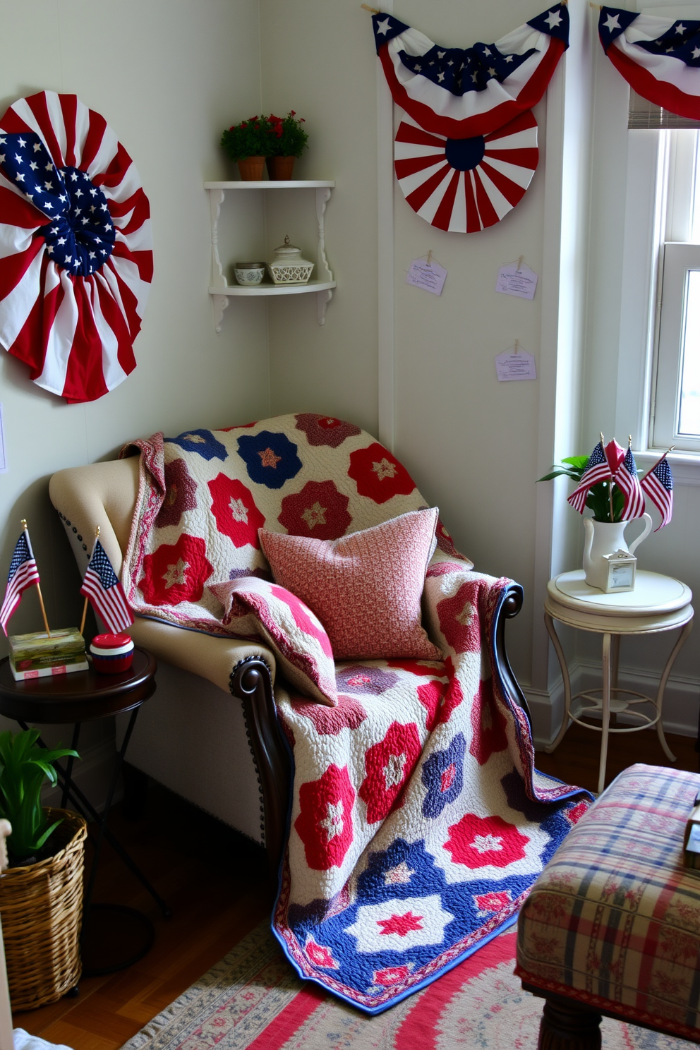 A collection of decorative trays is arranged on a rustic wooden table showcasing an abundance of vibrant summer fruits like peaches, plums, and strawberries. The scene is enhanced with fresh greenery and soft natural light filtering through a nearby window. For Memorial Day, the space is decorated with red, white, and blue accents, including themed cushions and a festive table setting. The outdoor area features a cozy seating arrangement, perfect for enjoying a holiday barbecue with friends and family. In a small space, clever storage solutions are utilized, such as decorative baskets and multi-functional furniture. The design incorporates light colors and mirrors to create an illusion of openness while maintaining a warm and inviting atmosphere.