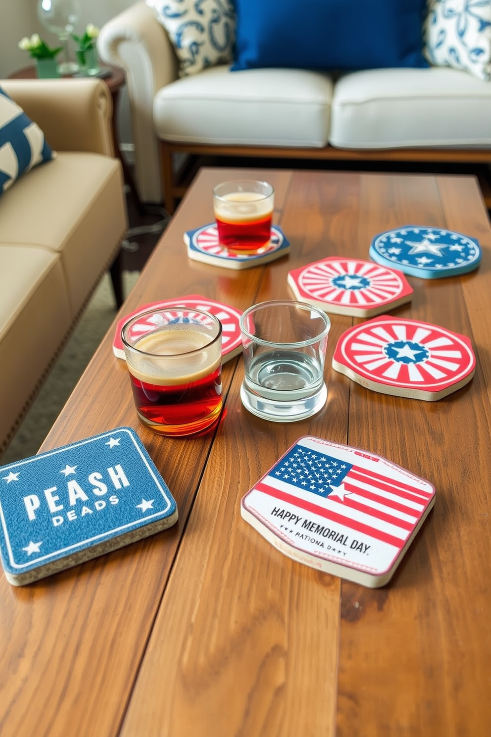 Patriotic themed coasters are placed on wooden tables, featuring red, white, and blue designs that celebrate Memorial Day. The coasters are arranged in a casual yet stylish manner, enhancing the festive atmosphere of the gathering. Small space decorating ideas include utilizing multifunctional furniture that maximizes the use of limited square footage. Bright colors and strategic lighting create an illusion of openness, making the space feel inviting and cozy.