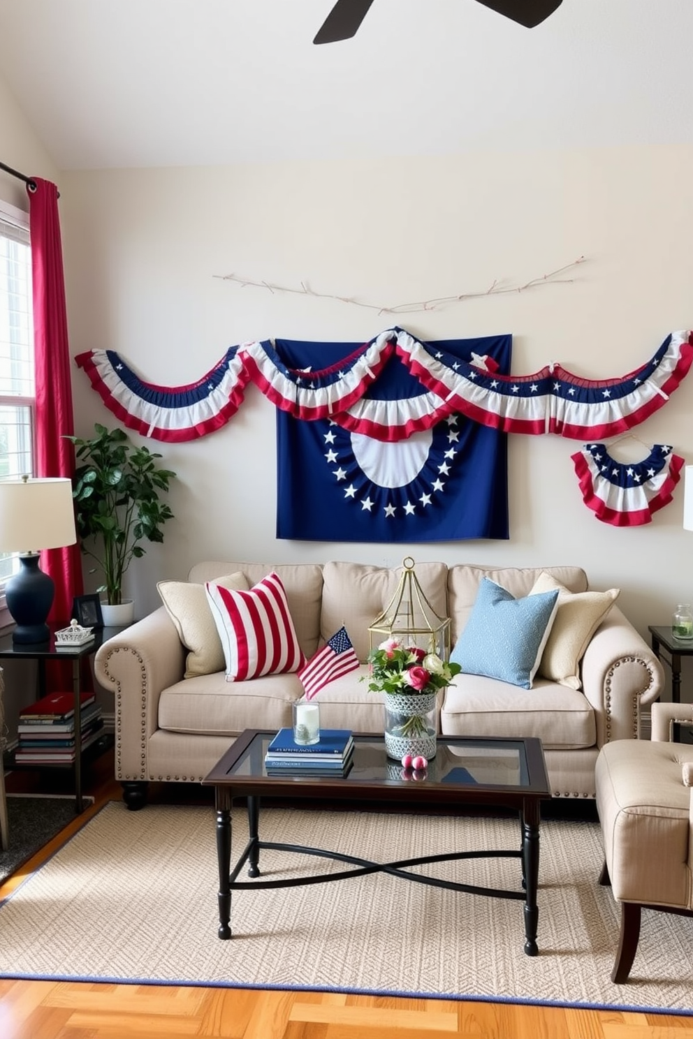 A cozy living room adorned with simple red white and blue garlands for Memorial Day. The space features a compact sofa with patriotic throw pillows and a small coffee table decorated with a festive centerpiece.