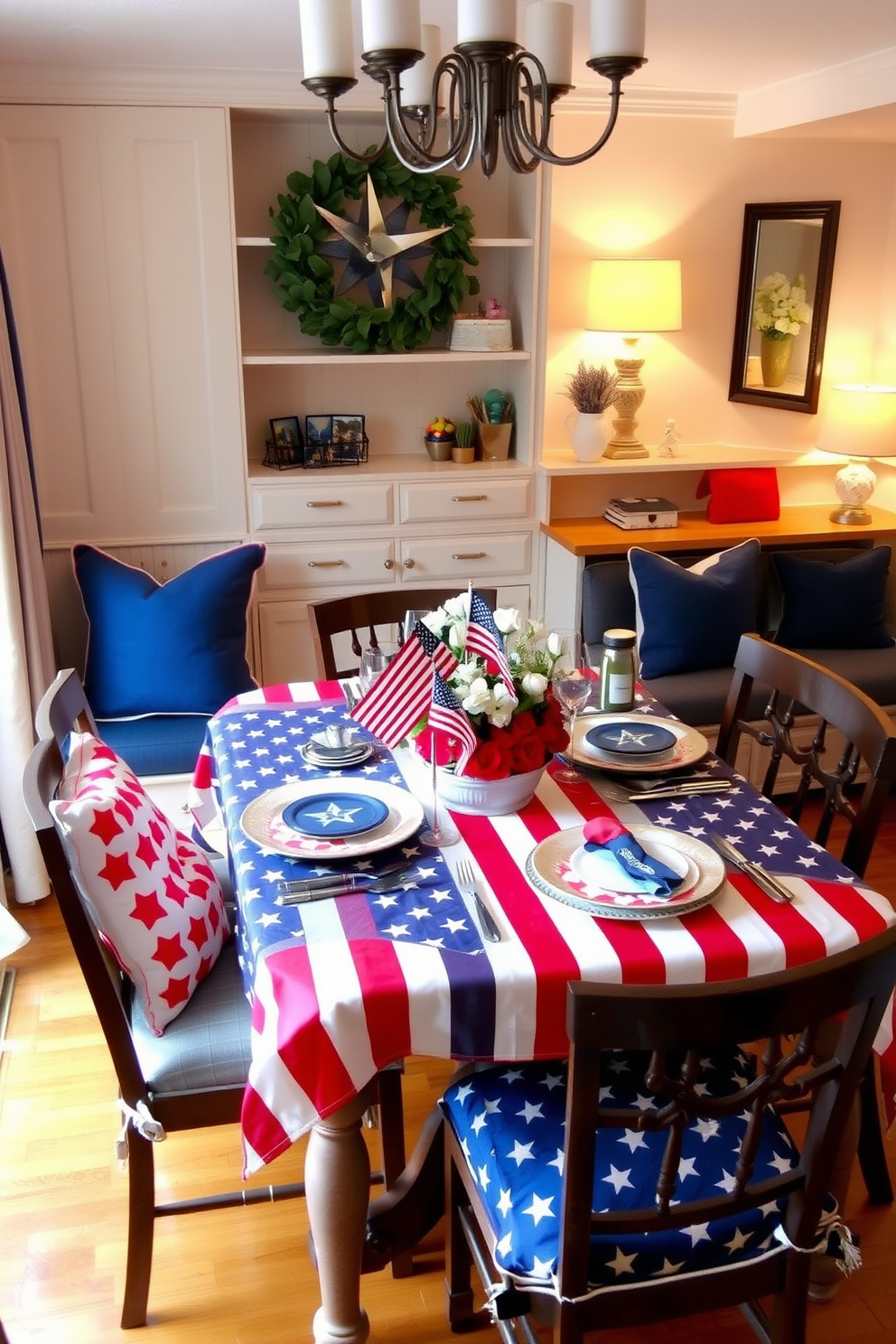 A dining table is elegantly set with a stars and stripes tablecloth, creating a festive atmosphere for Memorial Day. Surrounding the table are comfortable chairs adorned with coordinating cushions, enhancing the patriotic theme. In a cozy small space, clever storage solutions are incorporated, such as multifunctional furniture that maximizes utility without sacrificing style. Soft lighting and vibrant decor elements bring warmth and personality to the compact area.