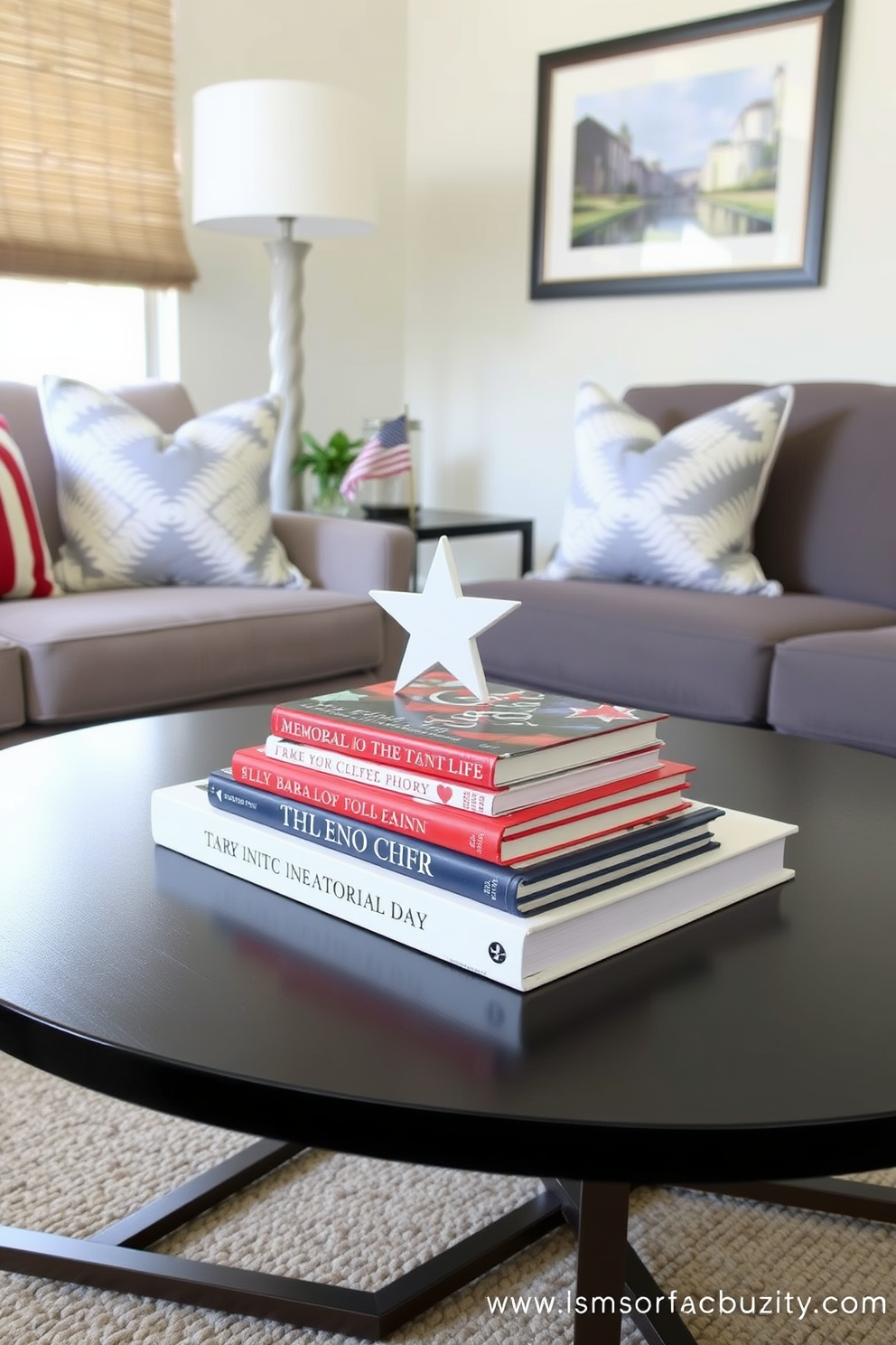 A patriotic themed book stack is arranged on a stylish coffee table. The books feature red, white, and blue covers, creating a festive atmosphere for Memorial Day. In a small living space, decorative elements are kept minimal yet impactful. A few carefully chosen accessories enhance the patriotic theme without overwhelming the area.