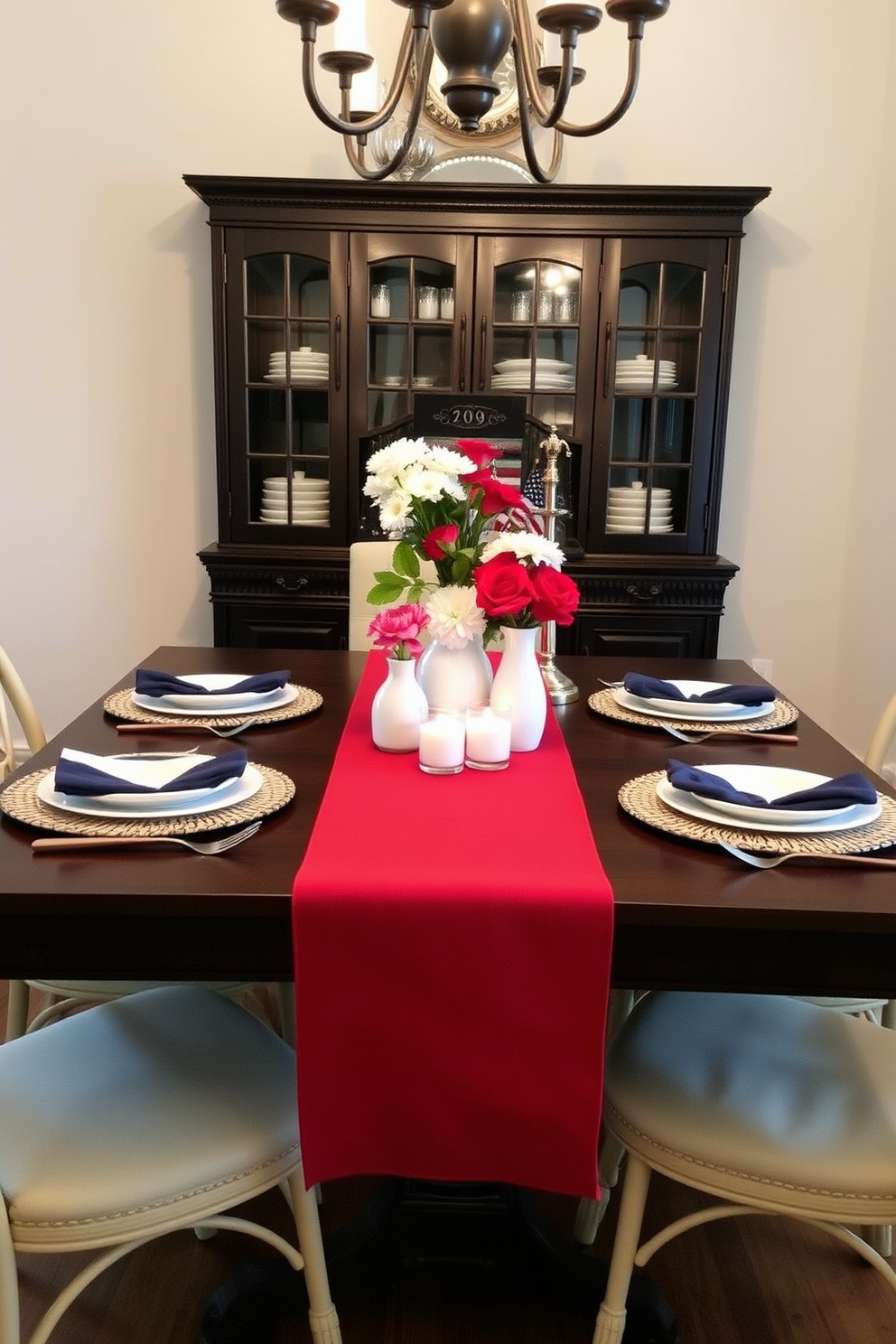 A festive dining table setting featuring a red white and blue table runner that adds a patriotic touch for Memorial Day. The table is adorned with simple yet elegant decorations, including small white vases filled with fresh flowers and flickering candles to create a warm ambiance in a small space.