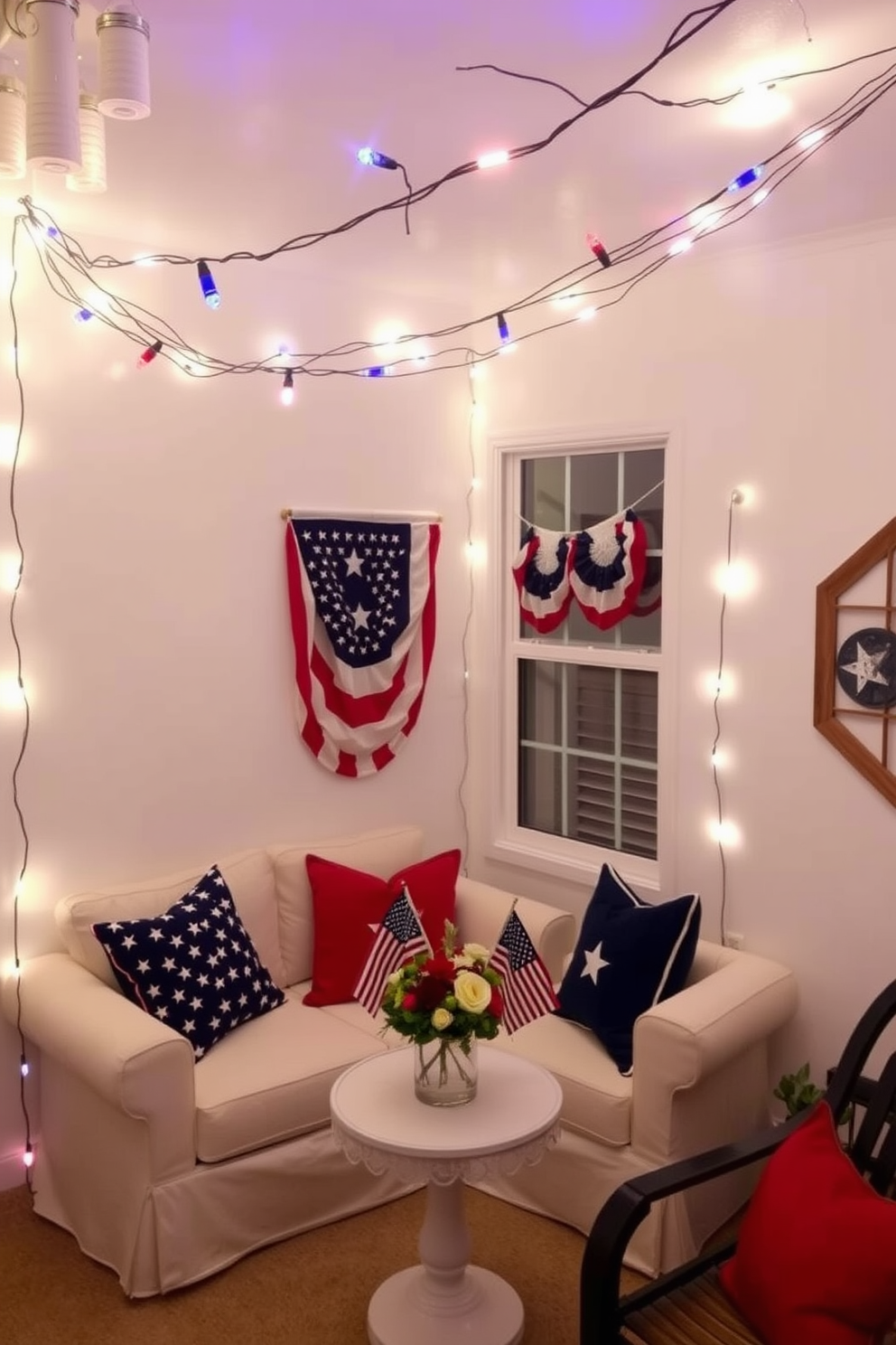 Create a cozy indoor space decorated with patriotic themed string lights for Memorial Day. The lights are draped across the ceiling, casting a warm glow over a small living area filled with red, white, and blue cushions on a compact sofa. In one corner, a small table is adorned with a festive centerpiece featuring mini flags and seasonal flowers. The walls are painted in a soft white, enhancing the cheerful atmosphere created by the string lights.