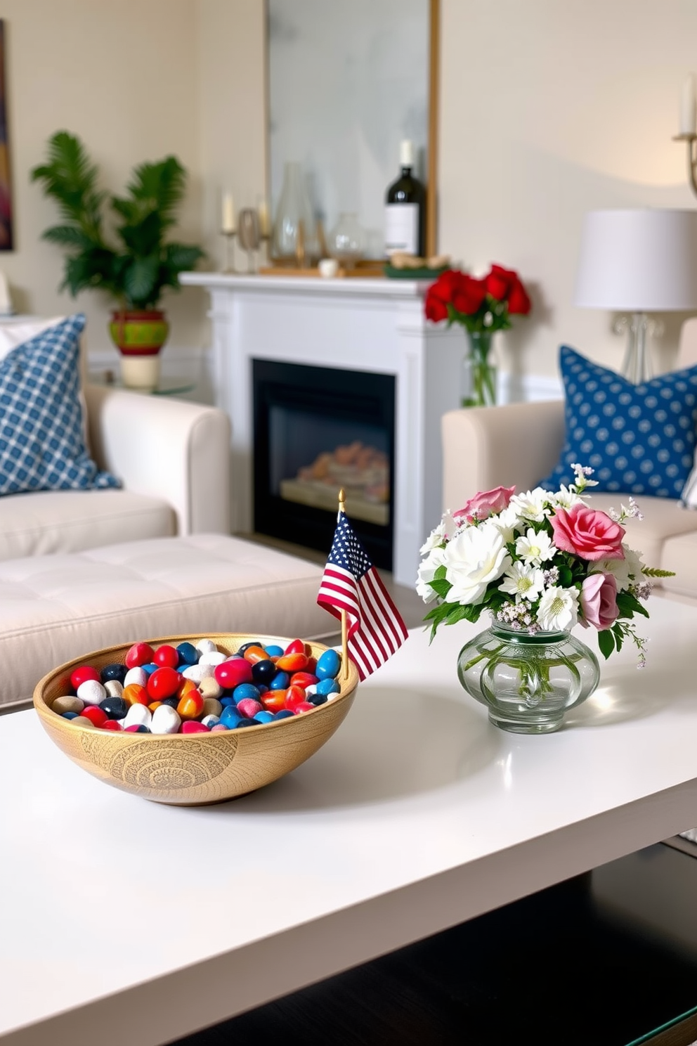 Decorative bowls filled with colored stones are arranged on a sleek coffee table in a cozy living room. The vibrant stones contrast beautifully with the soft neutral tones of the room, adding a pop of color to the space. For Memorial Day, the decor features a small space setup that includes red, white, and blue accents. A small flag centerpiece sits on the dining table, surrounded by elegant floral arrangements that evoke a festive yet sophisticated atmosphere.