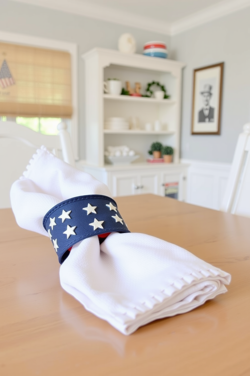 A set of festive napkin rings designed for a dining table, featuring red white and blue colors to celebrate Memorial Day. The napkin rings are adorned with stars and stripes patterns, adding a patriotic touch to the table setting. Creative small space decorating ideas that maximize functionality and style. The design incorporates multi-purpose furniture and clever storage solutions while maintaining an airy and inviting atmosphere.