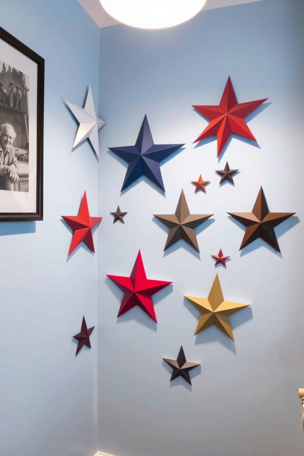 Create a stunning small space that features wall-mounted star decorations for a striking visual impact. The stars are arranged in an eye-catching pattern against a soft blue wall, creating a festive atmosphere perfect for Memorial Day.