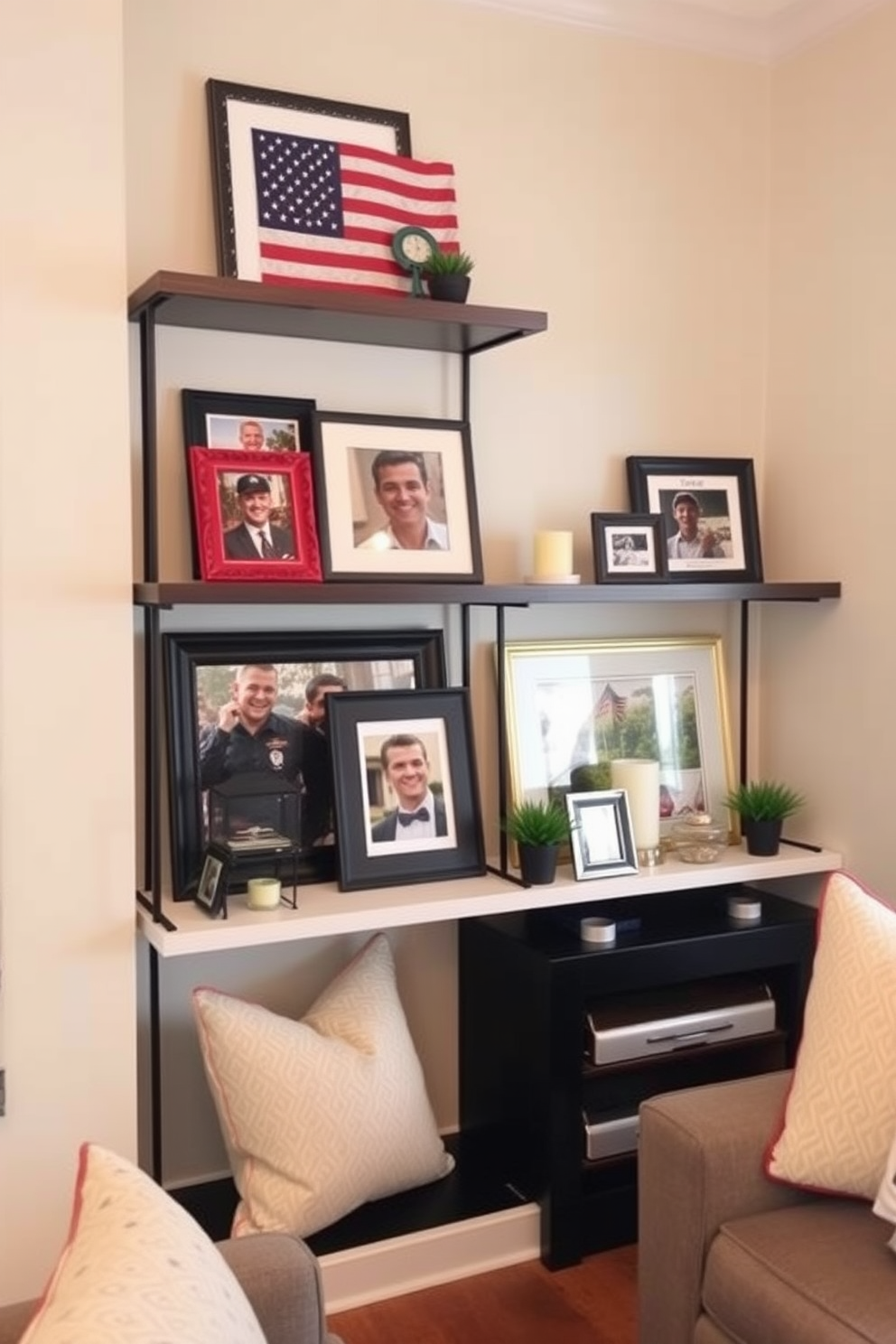 A cozy living room features patriotic themed picture frames displayed on stylish shelves. The frames showcase photos from past Memorial Day celebrations, adding a personal touch to the decor. The shelves are arranged in a way that maximizes the small space while maintaining a sense of openness. Decorative elements like small potted plants and candles complement the picture frames, enhancing the overall aesthetic.