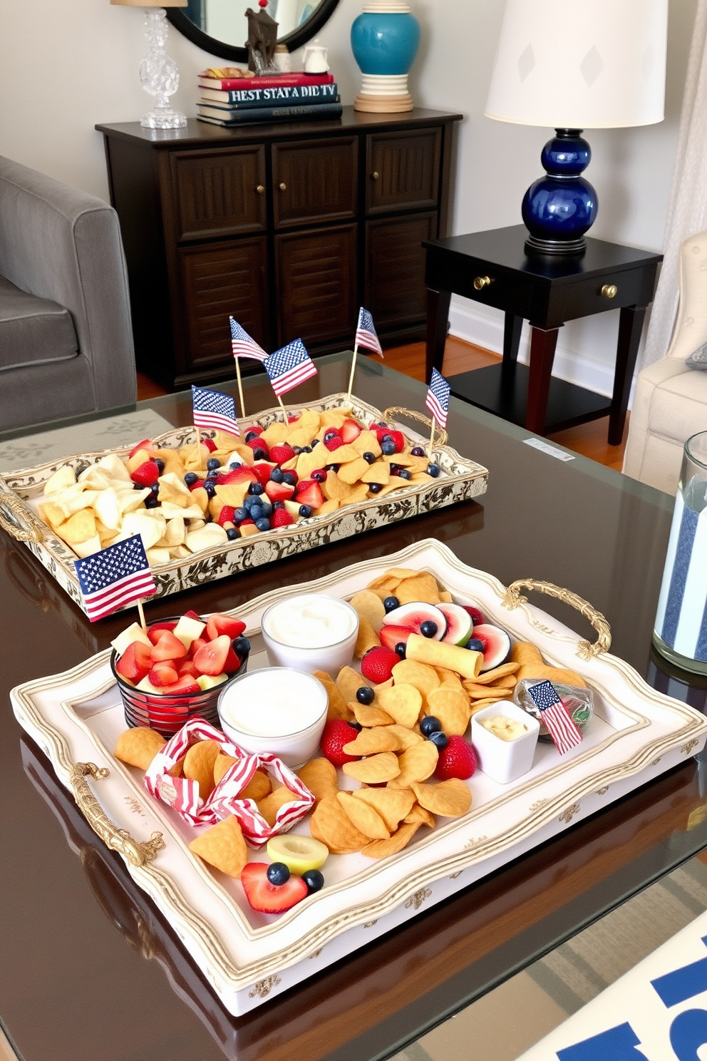 Decorative trays are arranged with an assortment of themed snacks for a Memorial Day celebration. The trays are adorned with red white and blue accents featuring fresh fruits chips and dips to create a festive atmosphere. In a small space the decor is carefully curated to maximize functionality and style. Multi-purpose furniture is used along with bright colors and mirrors to create an illusion of spaciousness while maintaining a cozy feel.