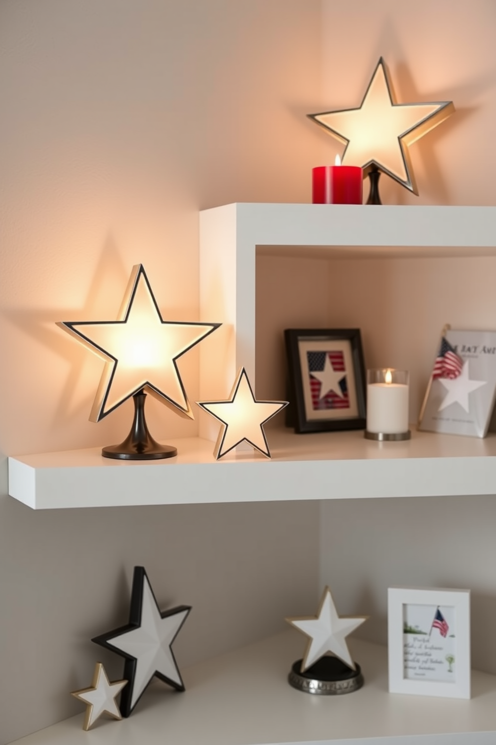 Star shaped candle holders are elegantly arranged on open shelves, casting soft shadows and creating a warm ambiance. The shelves are adorned with simple decor accents, enhancing the charm of the small space while celebrating Memorial Day. Incorporate red, white, and blue elements to honor the holiday, such as a small flag or themed artwork. The overall design maintains a balance between festive spirit and minimalist aesthetics, making the space feel inviting and cozy.