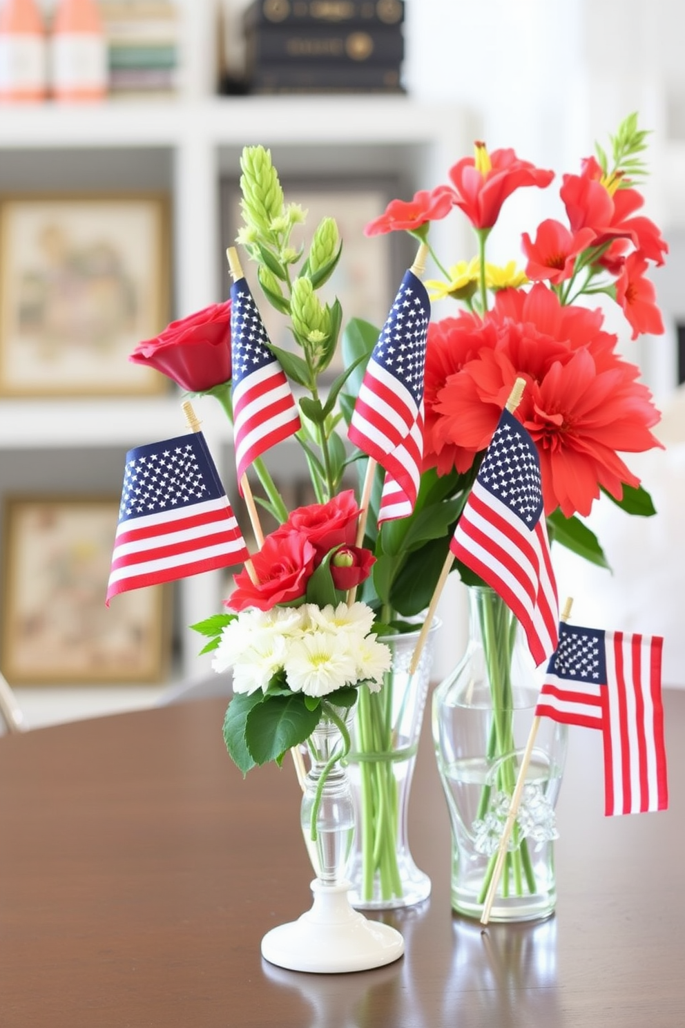 Create a charming small space decorated for Memorial Day with wreaths made of red white and blue elements. The space features a cozy seating area adorned with patriotic throw pillows and a small table displaying festive decorations.