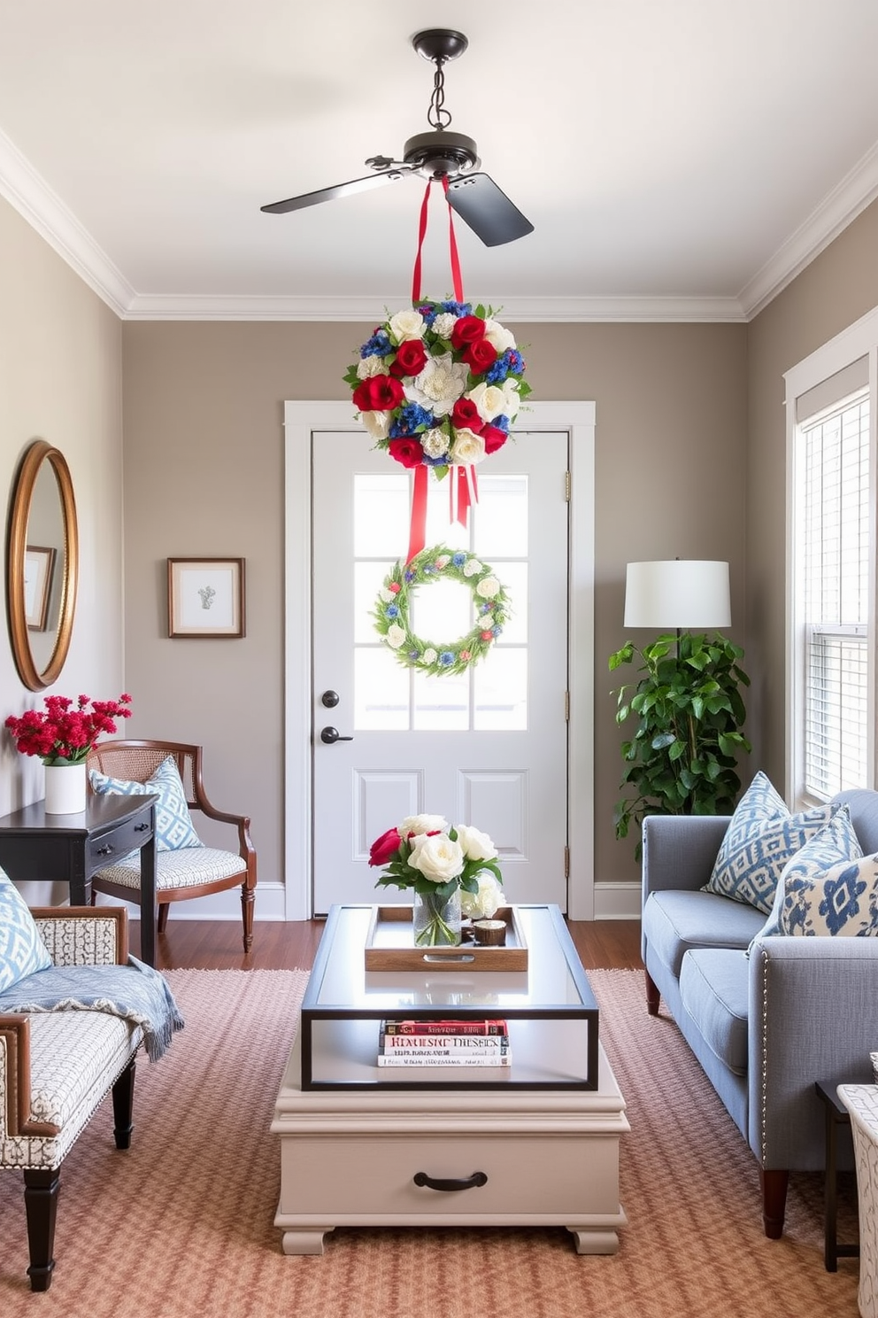 A beautifully crafted themed wreath adorns the front door, featuring red white and blue flowers alongside patriotic accents. The wreath is a perfect tribute to Memorial Day, creating a warm and inviting entrance for guests. In a cozy living room, small space decorating ideas come to life with clever furniture arrangements and multifunctional pieces. A compact sofa is paired with a stylish coffee table that doubles as storage, maximizing the use of limited space while maintaining an elegant aesthetic.