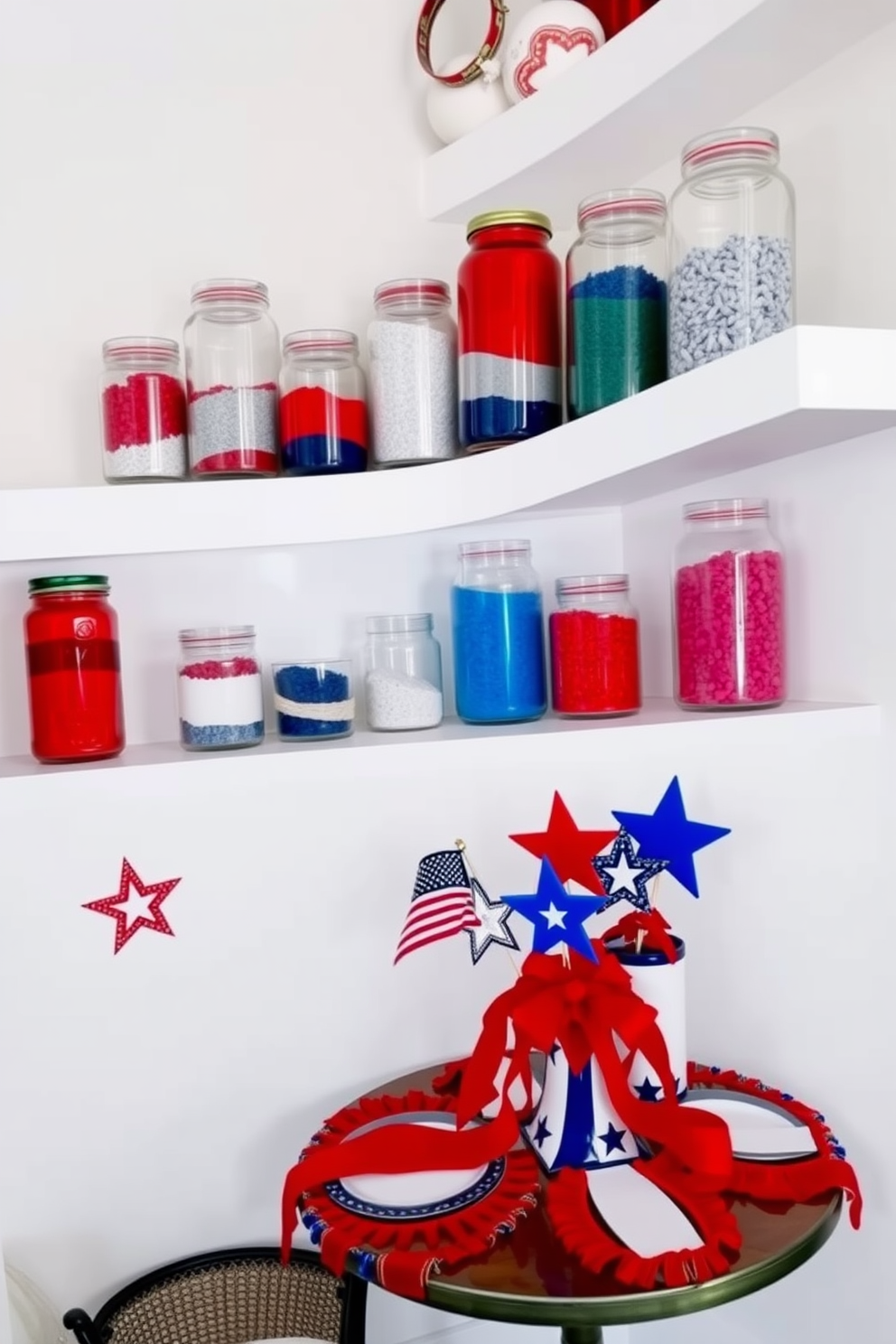 Decorative jars filled with colored sand are arranged on a sleek white shelf, creating a vibrant and eye-catching display. The jars vary in size and shape, showcasing a spectrum of colors that evoke a sense of tranquility and creativity. For Memorial Day, a small space is adorned with red, white, and blue accents, celebrating the holiday with patriotic flair. A compact dining table is set with themed decorations, including star-shaped centerpieces and festive tableware, perfect for an intimate gathering.