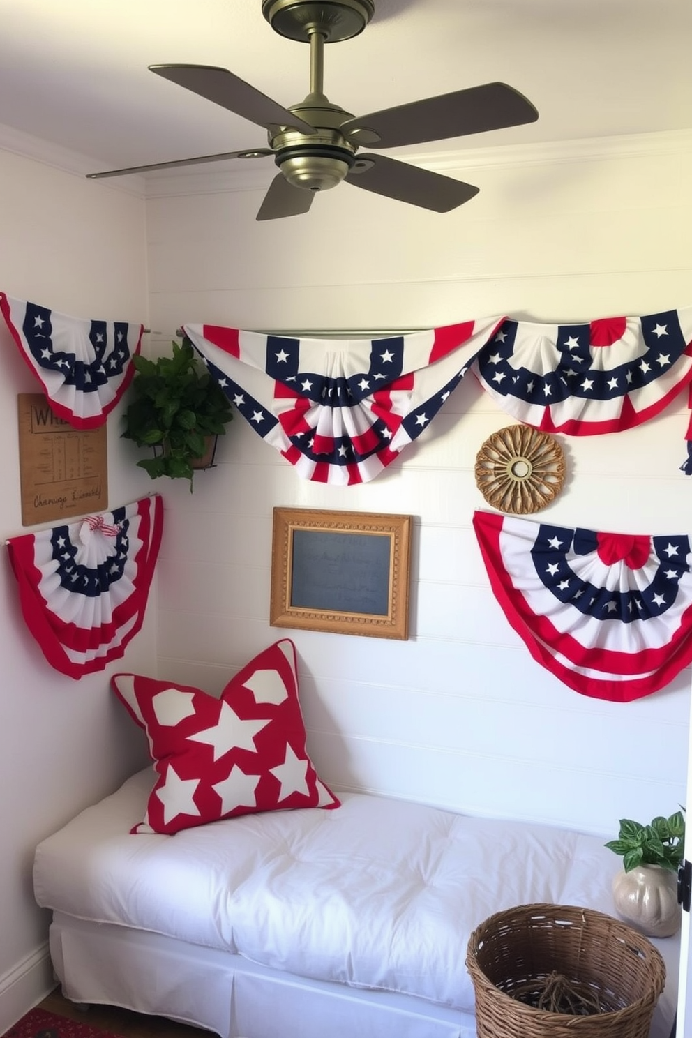 A cozy small space decorated for Memorial Day. The walls are adorned with patriotic bunting featuring red white and blue colors creating a festive atmosphere.