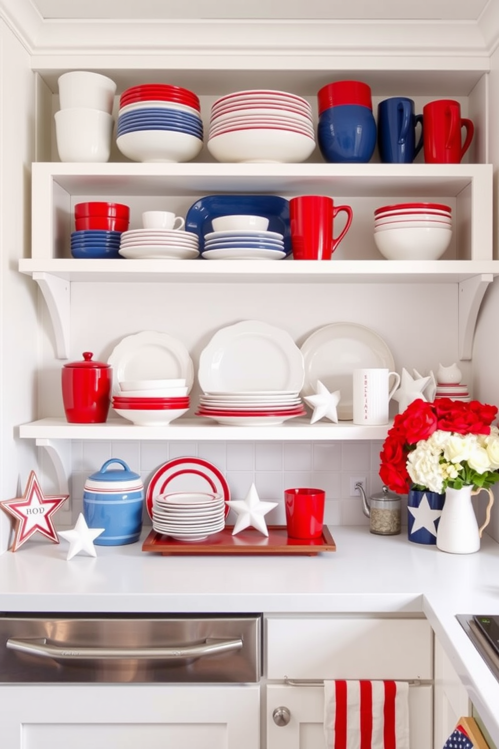 A charming display of red white and blue dishware is arranged on open shelving in a small kitchen. The vibrant colors create a festive atmosphere perfect for Memorial Day celebrations while maximizing the limited space. Incorporate decorative elements like star-shaped accents and fresh flowers to enhance the patriotic theme. Use minimalist storage solutions to keep the area organized and visually appealing without overwhelming the small space.