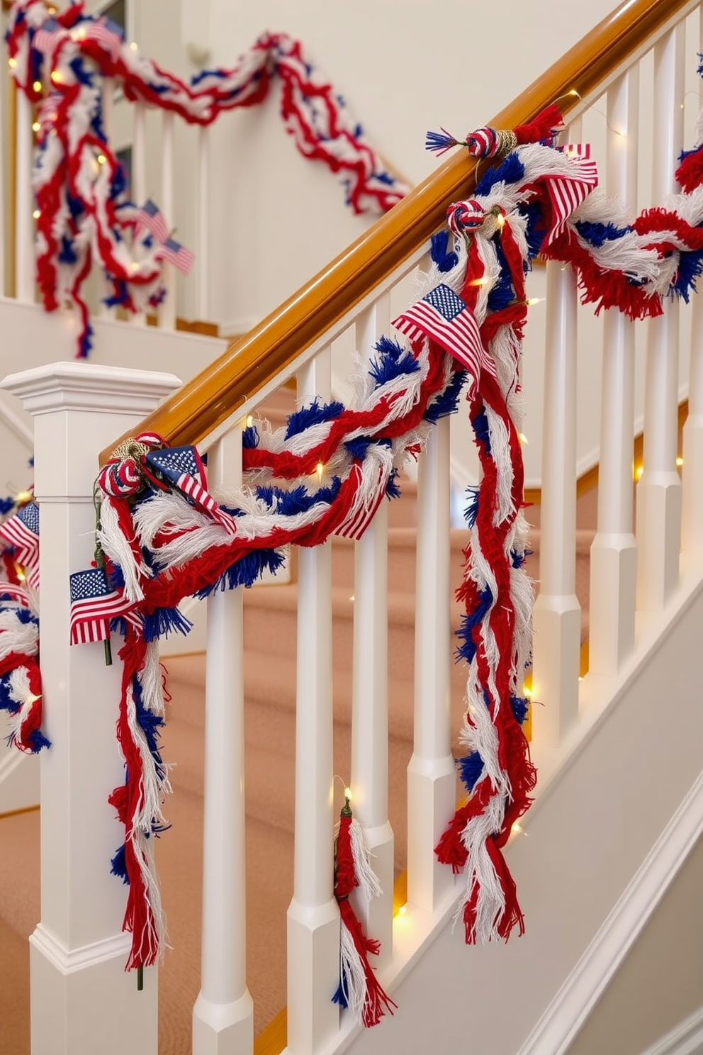 A festive staircase adorned with a red white and blue garland elegantly draped over the railing. The garland features vibrant flowers and ribbons, creating a patriotic ambiance perfect for Memorial Day celebrations.