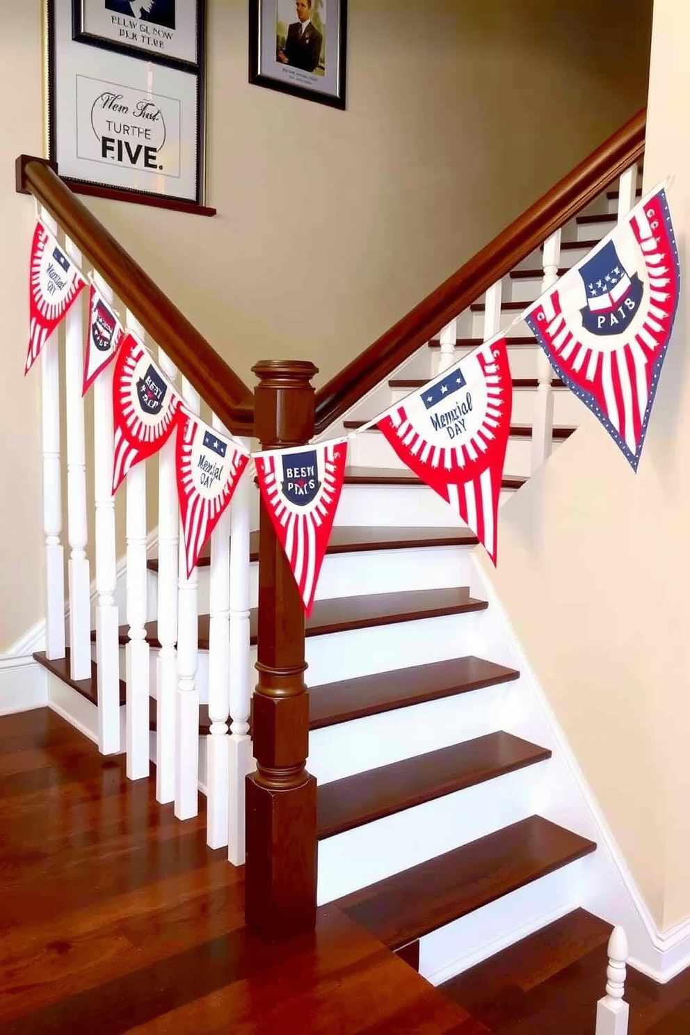 Create a festive staircase adorned with seasonal banners celebrating Memorial Day. The banners are vibrantly colored with red white and blue designs and are elegantly strung along the railing.