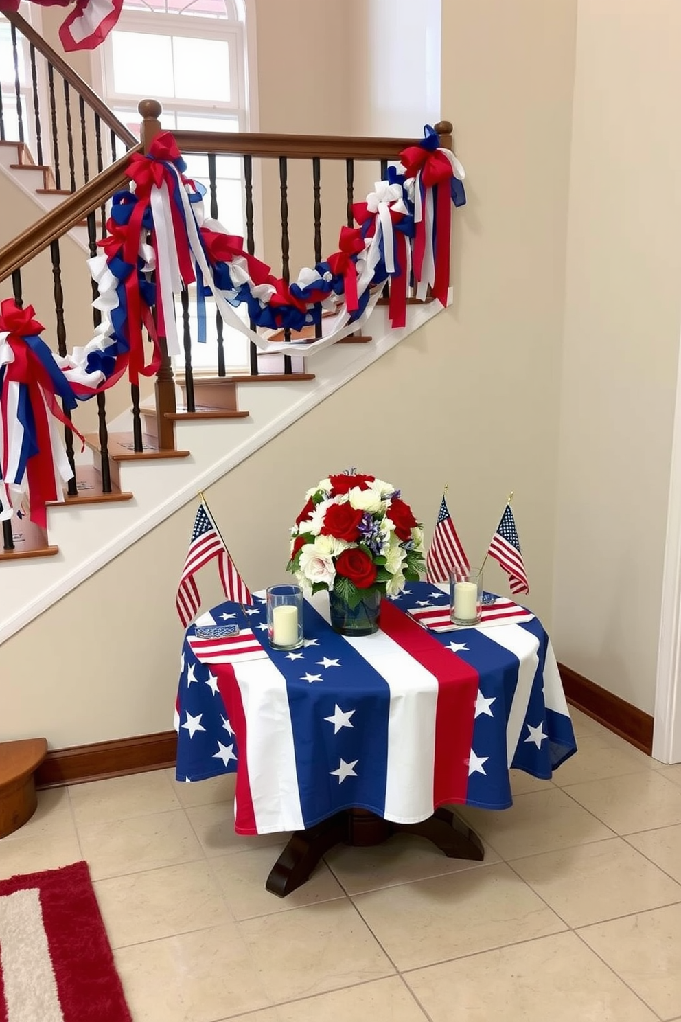 A patriotic themed table is set up at the base of the staircase adorned with red white and blue decorations. The table features a vibrant tablecloth with stars and stripes and is topped with a centerpiece made of fresh flowers in patriotic colors. Around the table, small flags are placed alongside decorative candles in glass holders. The staircase railing is draped with a garland of red white and blue ribbons creating a festive and inviting atmosphere for Memorial Day celebrations.