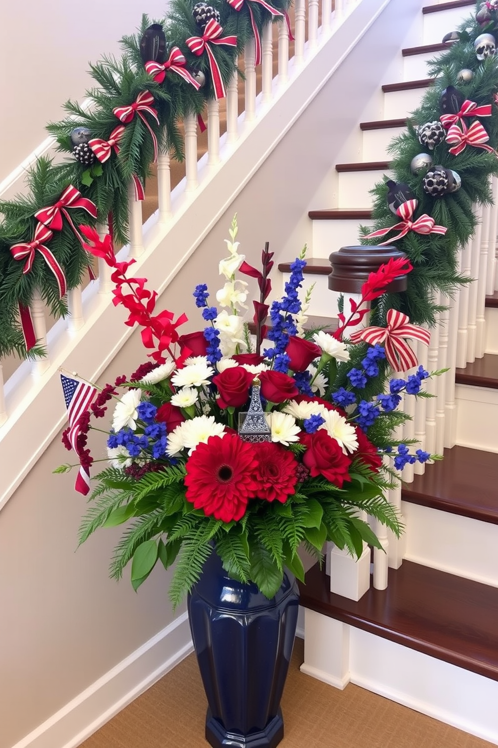 A beautifully decorated staircase for Memorial Day features a banister wrapped in a patriotic ribbon showcasing red white and blue colors. The staircase is adorned with small American flags and floral arrangements in coordinating colors placed strategically along the steps.