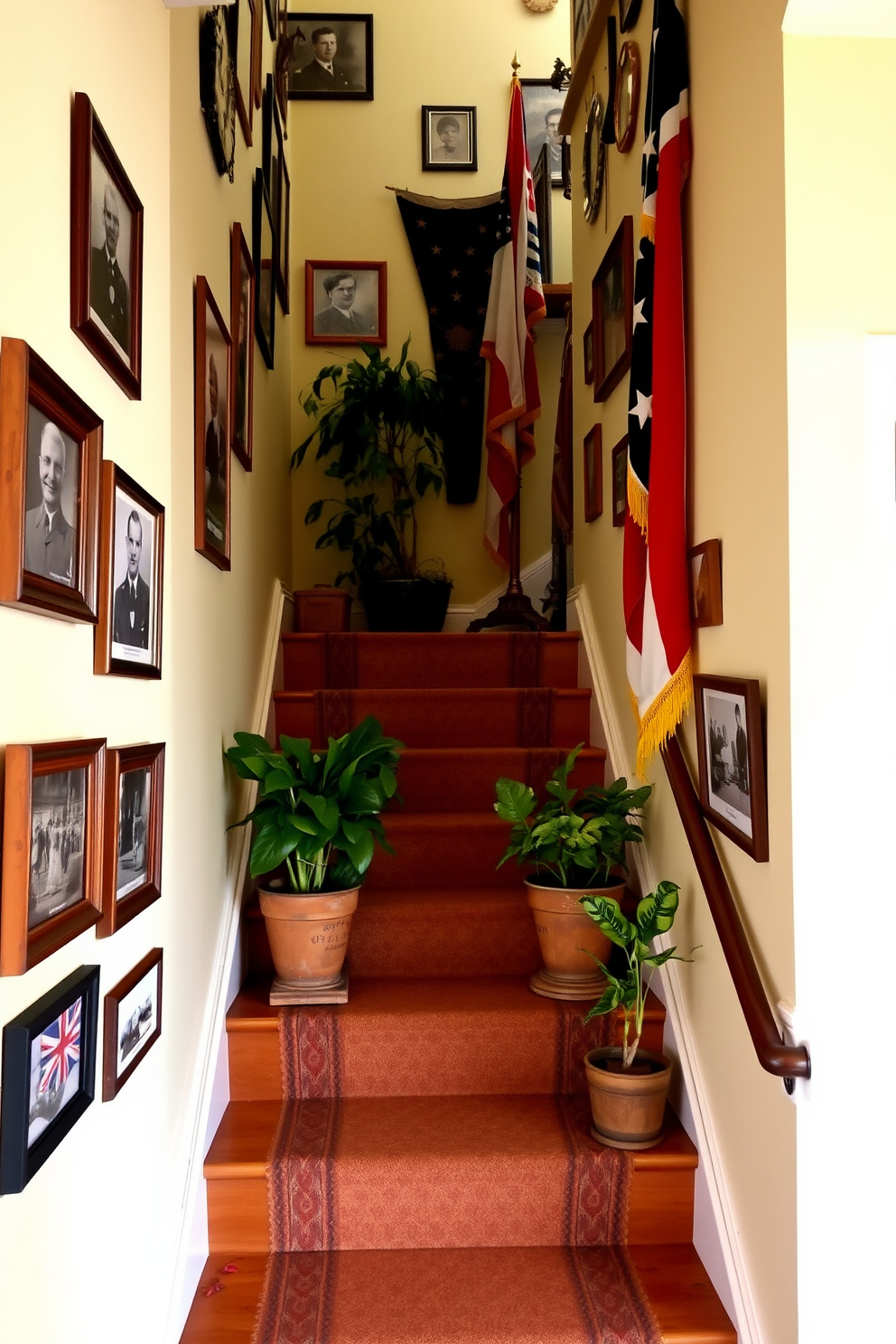 Seasonal floral arrangements in red white and blue adorn the staircase for a festive Memorial Day celebration. The vibrant flowers are artfully arranged in rustic vases, complemented by delicate ribbons that cascade down the banister, creating a warm and inviting atmosphere.