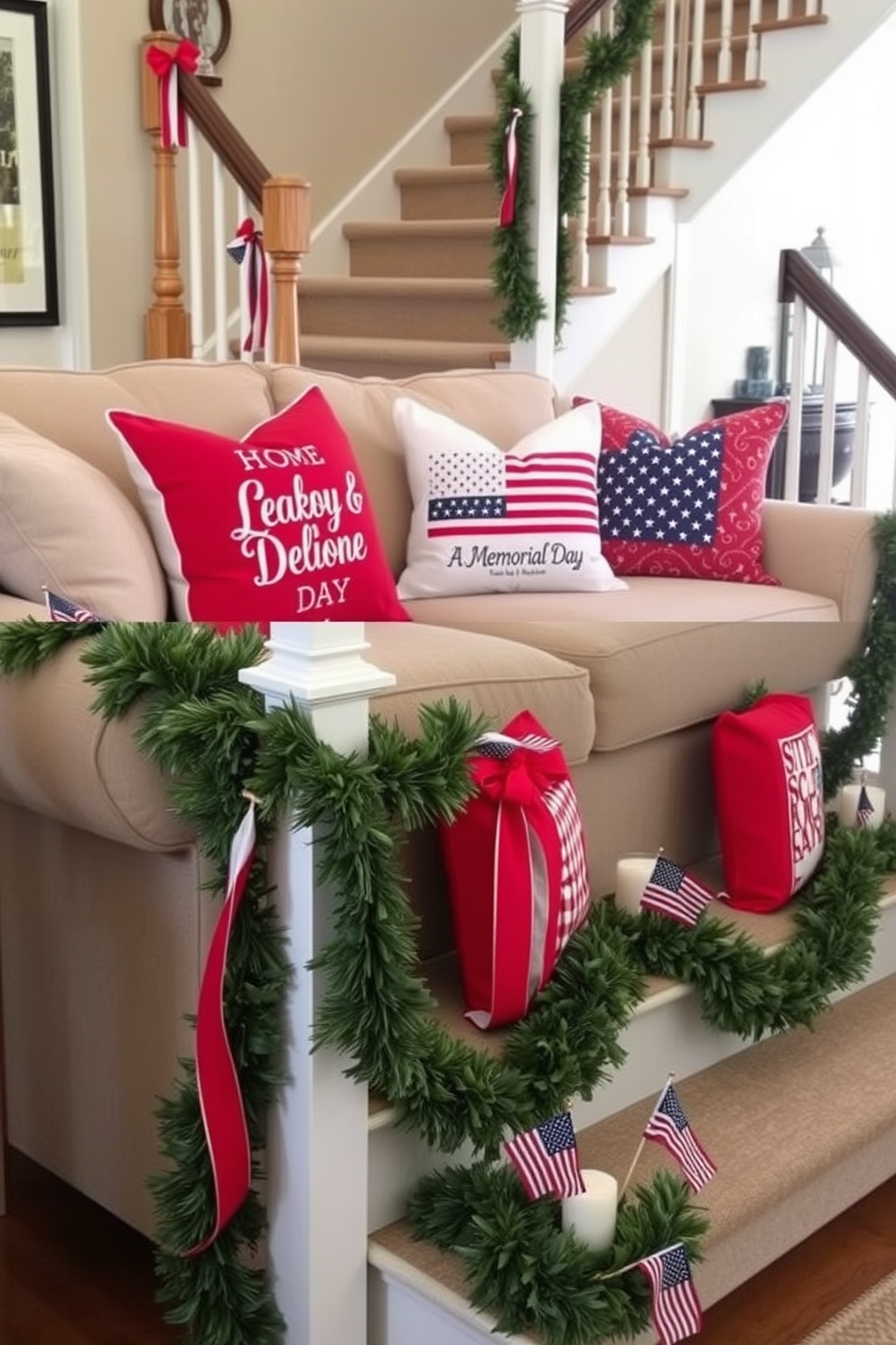 Decorative pillows with patriotic prints adorn a cozy living room sofa, featuring vibrant red, white, and blue patterns that celebrate the spirit of Memorial Day. The pillows are arranged artfully, adding a festive touch to the space while complementing the neutral tones of the surrounding decor. The staircase is adorned with garlands of greenery intertwined with red, white, and blue ribbons, creating a welcoming atmosphere for guests. Each step is highlighted with small clusters of decorative items, such as candles and flags, enhancing the patriotic theme throughout the home.