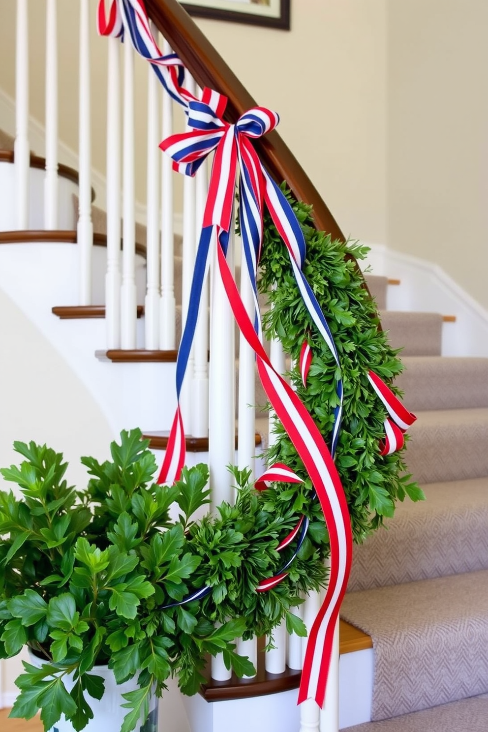 Star shaped cushions are arranged on each step of a gracefully curved wooden staircase creating a whimsical and inviting atmosphere. The cushions are in shades of red, white, and blue, perfectly complementing the Memorial Day theme while adding a touch of comfort and style.