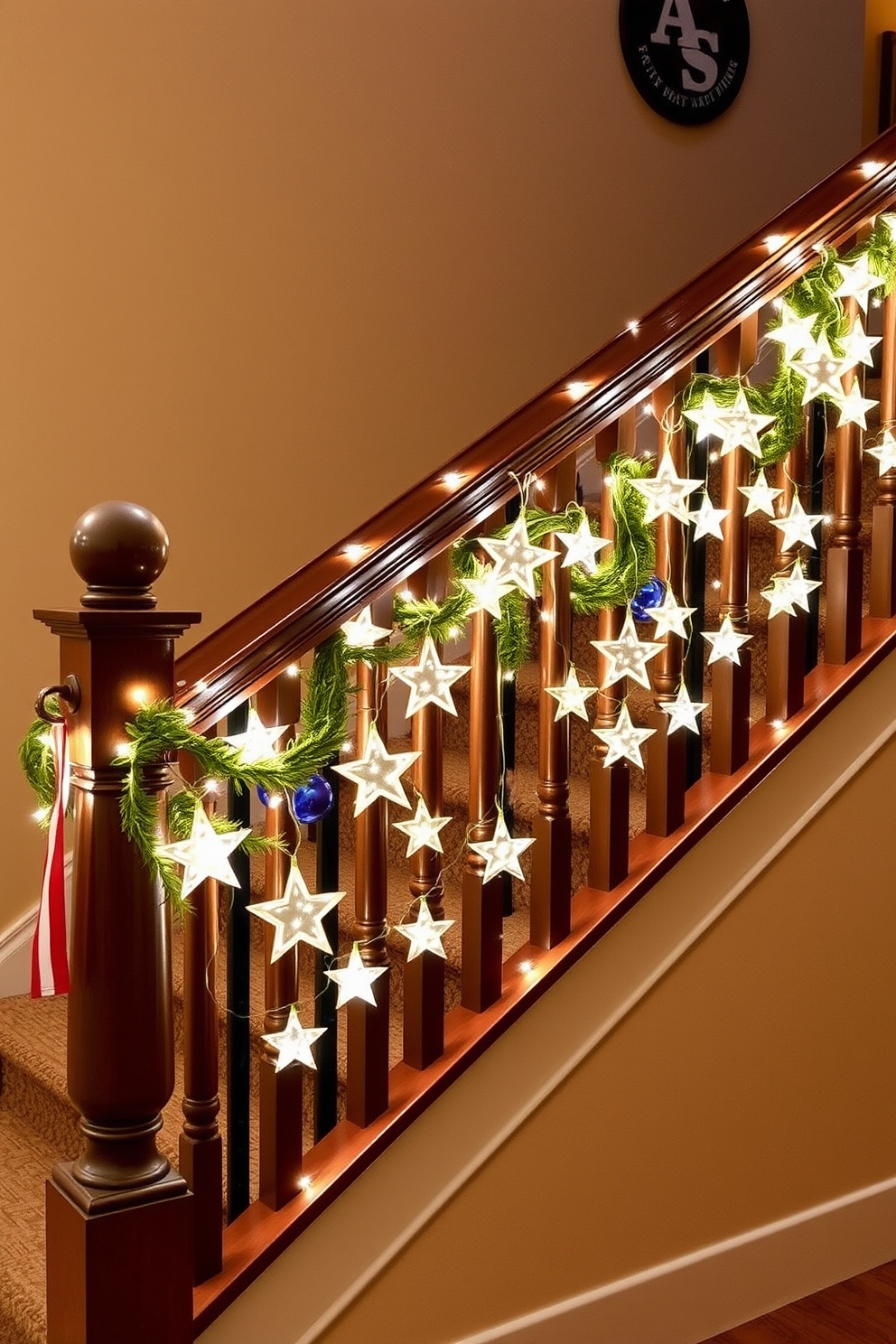 A beautifully decorated staircase adorned with star shaped string lights draped elegantly along the railing. The warm glow of the lights creates a festive atmosphere perfect for Memorial Day celebrations.