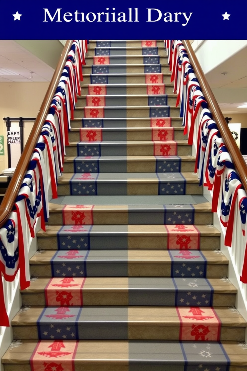 A staircase adorned with patriotic themed picture frames showcasing American flags and historical figures. The frames are arranged in a staggered pattern on the steps, creating a festive and respectful tribute for Memorial Day.