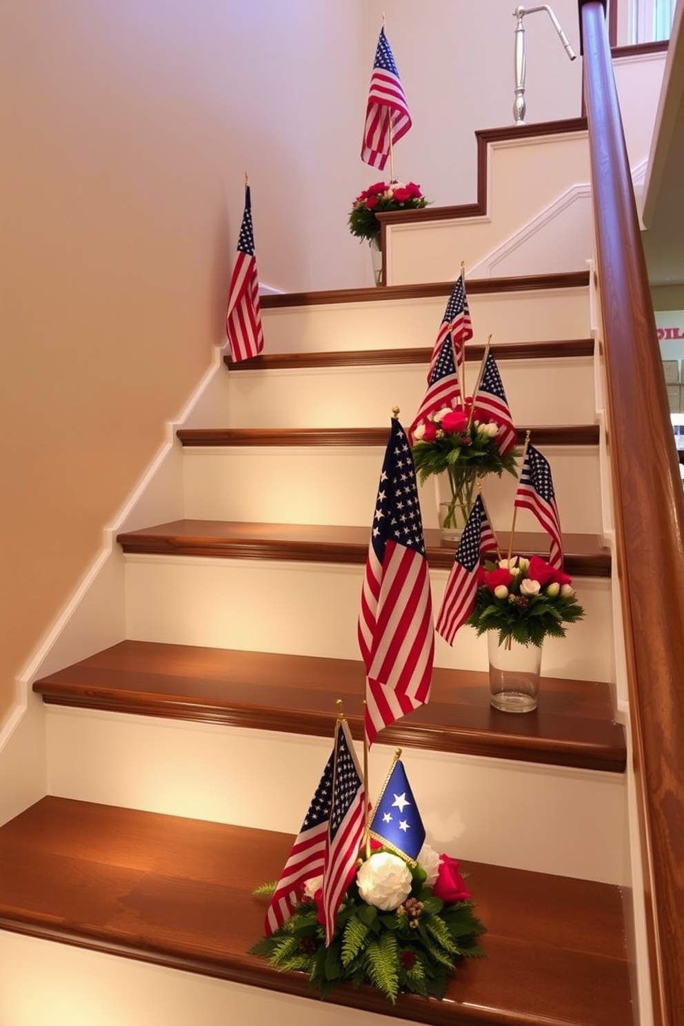 Decorative pillows adorned with American flag prints are strategically placed on a cozy sectional sofa in a beautifully designed living room. The vibrant colors of the flags complement the neutral tones of the furniture, creating a festive atmosphere for Memorial Day celebrations. The staircase is elegantly decorated with a garland of red, white, and blue flowers, intertwined with twinkling fairy lights. Vintage lanterns with flickering candles are positioned on each step, enhancing the patriotic theme and welcoming guests into the home.