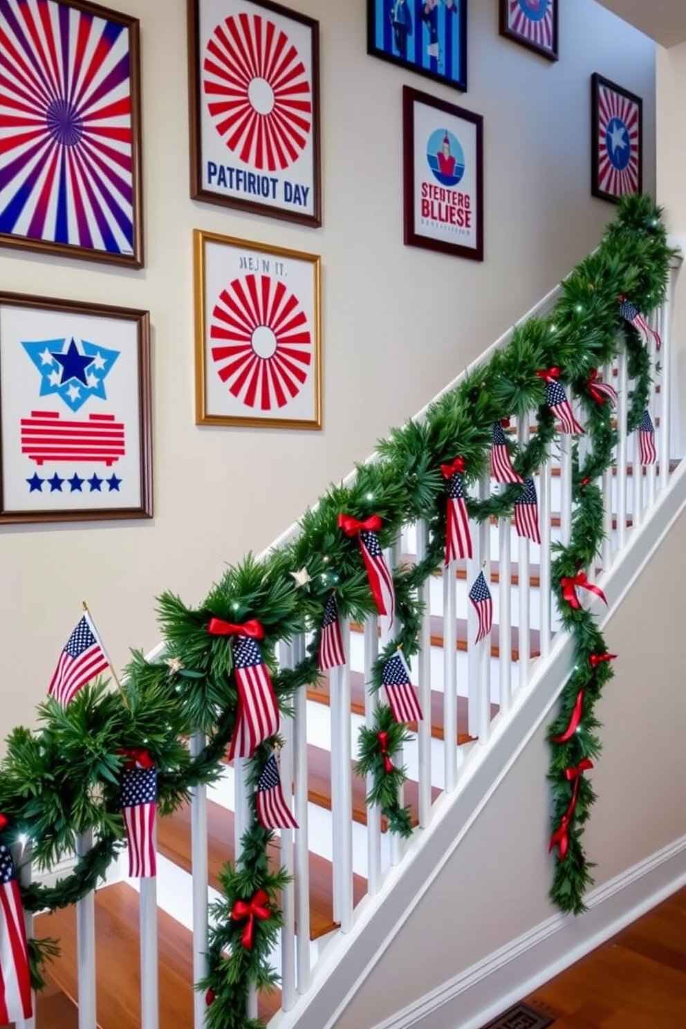 Patriotic themed art prints adorn the walls, featuring vibrant red, white, and blue designs that celebrate national pride. The prints are strategically placed to create a cohesive and festive atmosphere throughout the space. The staircase is decorated with garlands of faux greenery intertwined with small American flags and red, white, and blue ribbons. Each step is highlighted with subtle lighting, enhancing the festive decor for Memorial Day celebrations.