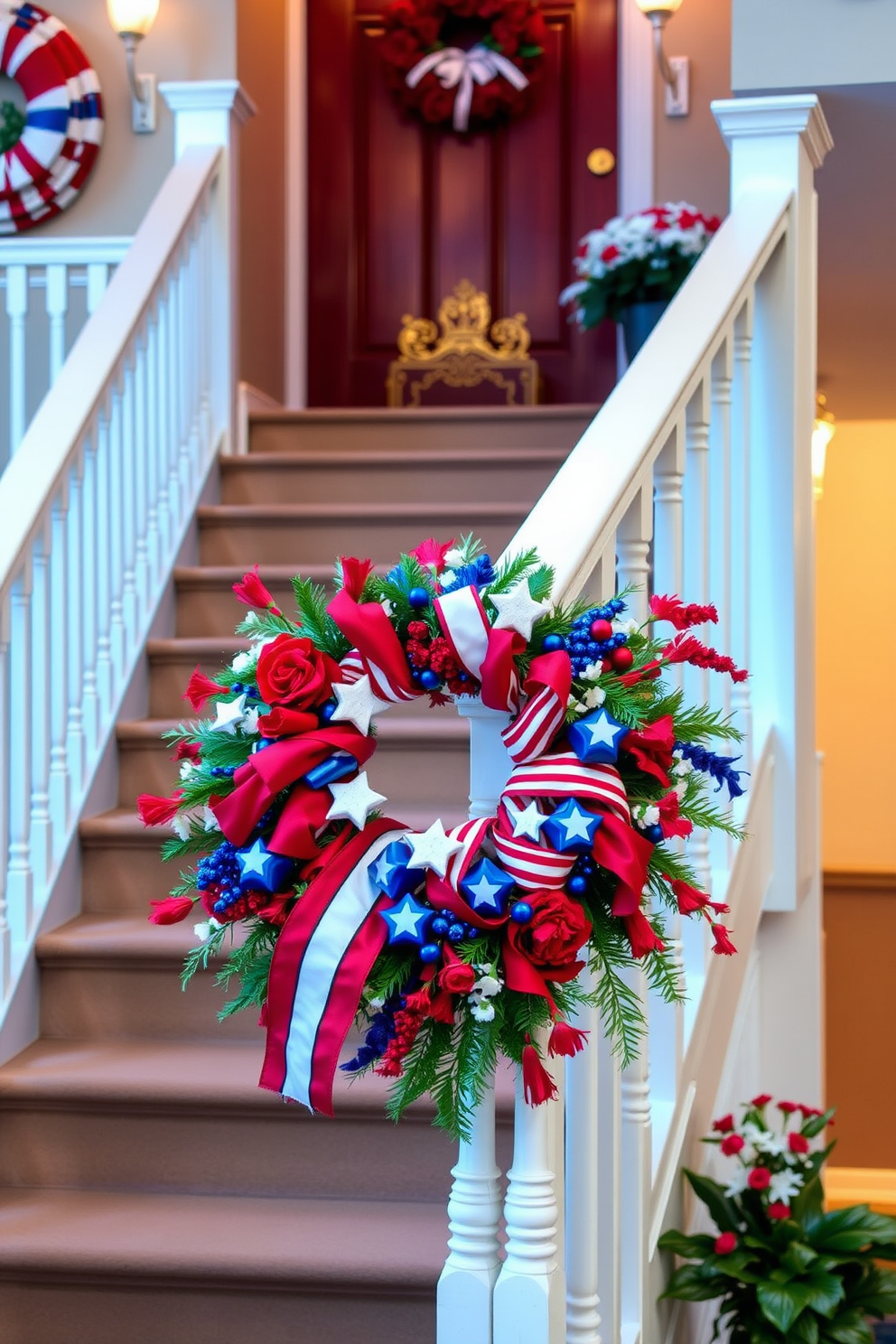 A beautifully designed staircase adorned with a patriotic wreath on the railing. The wreath features vibrant red white and blue colors with stars and stripes elements to celebrate Memorial Day.