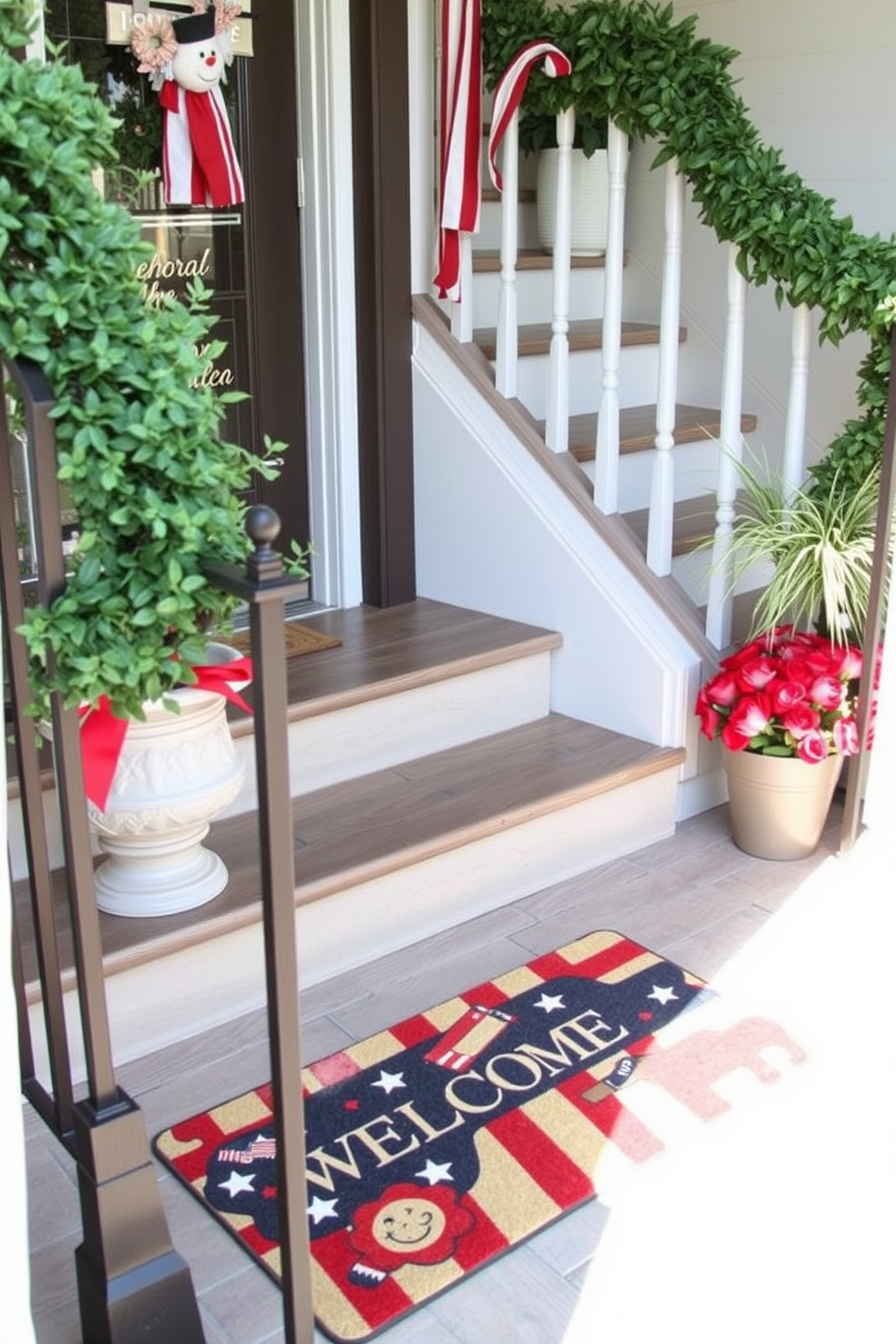 A striking staircase features risers painted in vibrant red, white, and blue, celebrating the spirit of Memorial Day. The bold colors create a festive atmosphere, inviting guests to appreciate the patriotic theme as they ascend and descend the staircase.