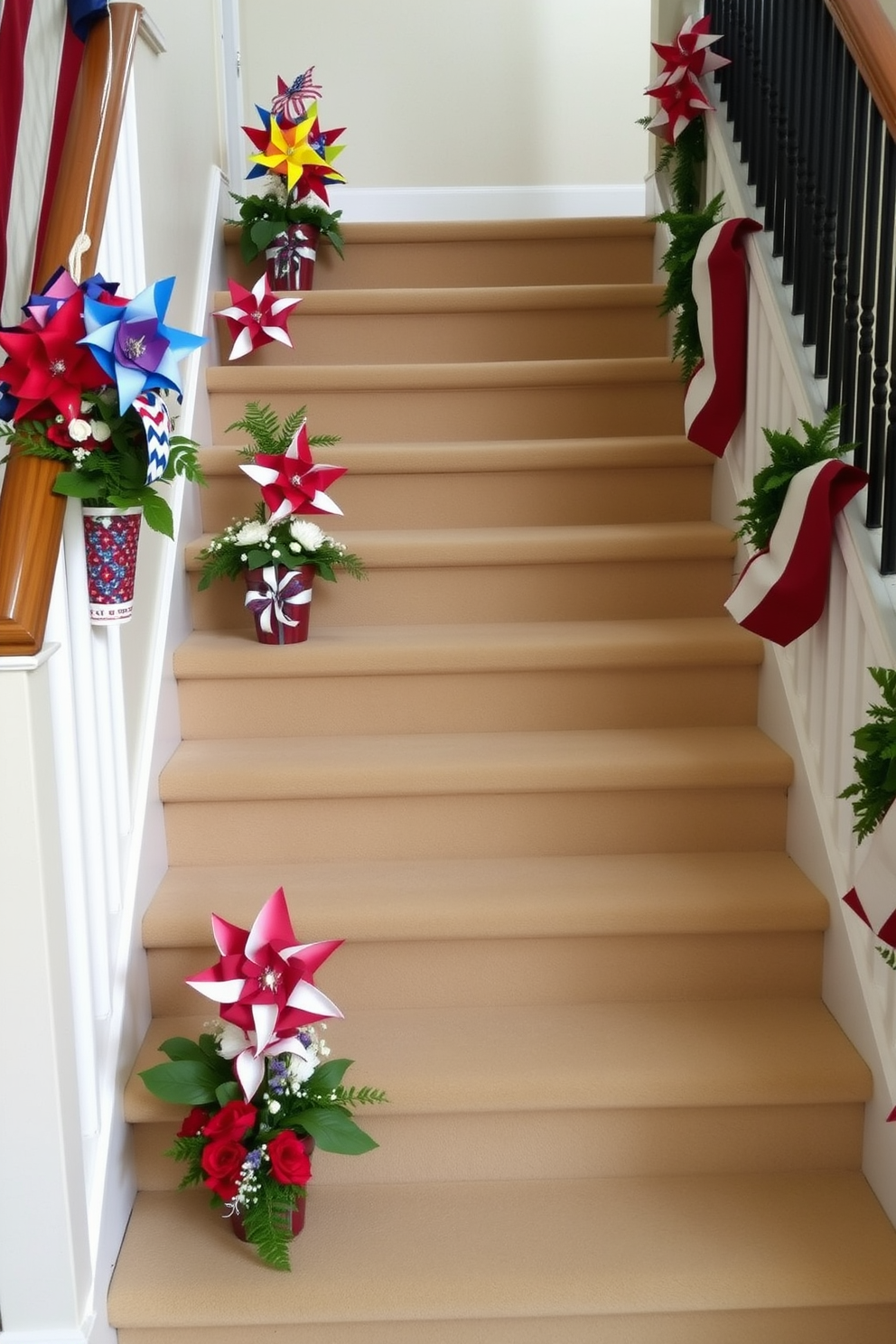 Vintage patriotic decor on stair treads creates a warm and inviting atmosphere. The treads are adorned with red white and blue patterns featuring stars and stripes. Each step showcases a unique design that captures the essence of Memorial Day. Accents such as small flags and floral arrangements enhance the festive look.