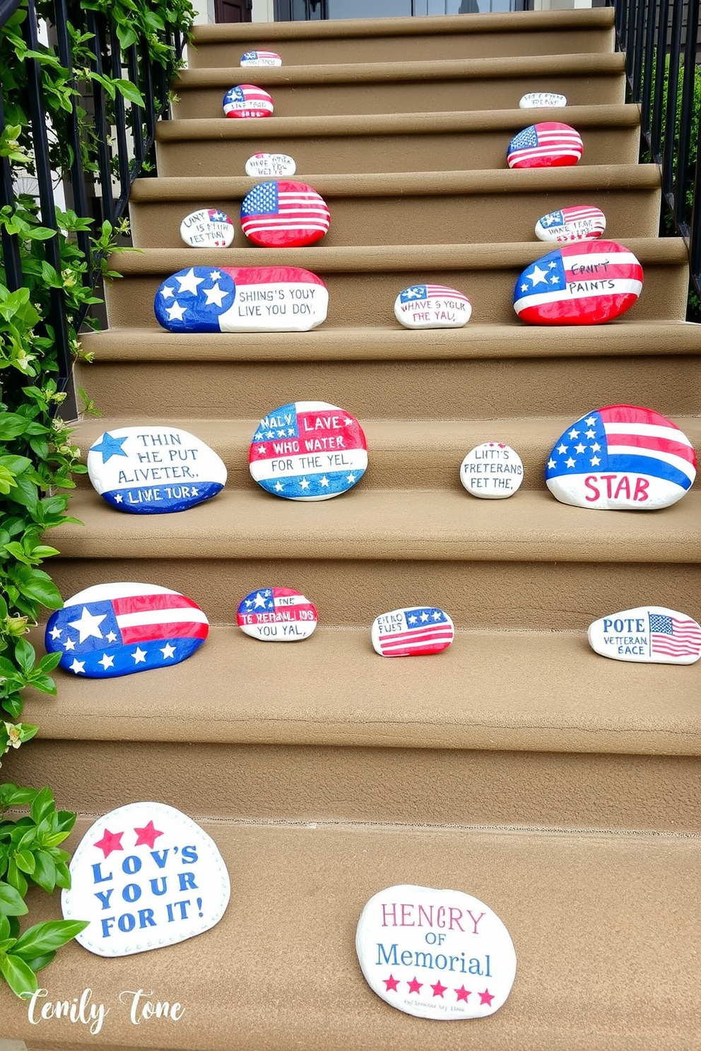 A staircase adorned with DIY painted rocks featuring patriotic messages for Memorial Day. Each rock is uniquely designed with red white and blue colors showcasing stars and stripes alongside heartfelt phrases honoring veterans.