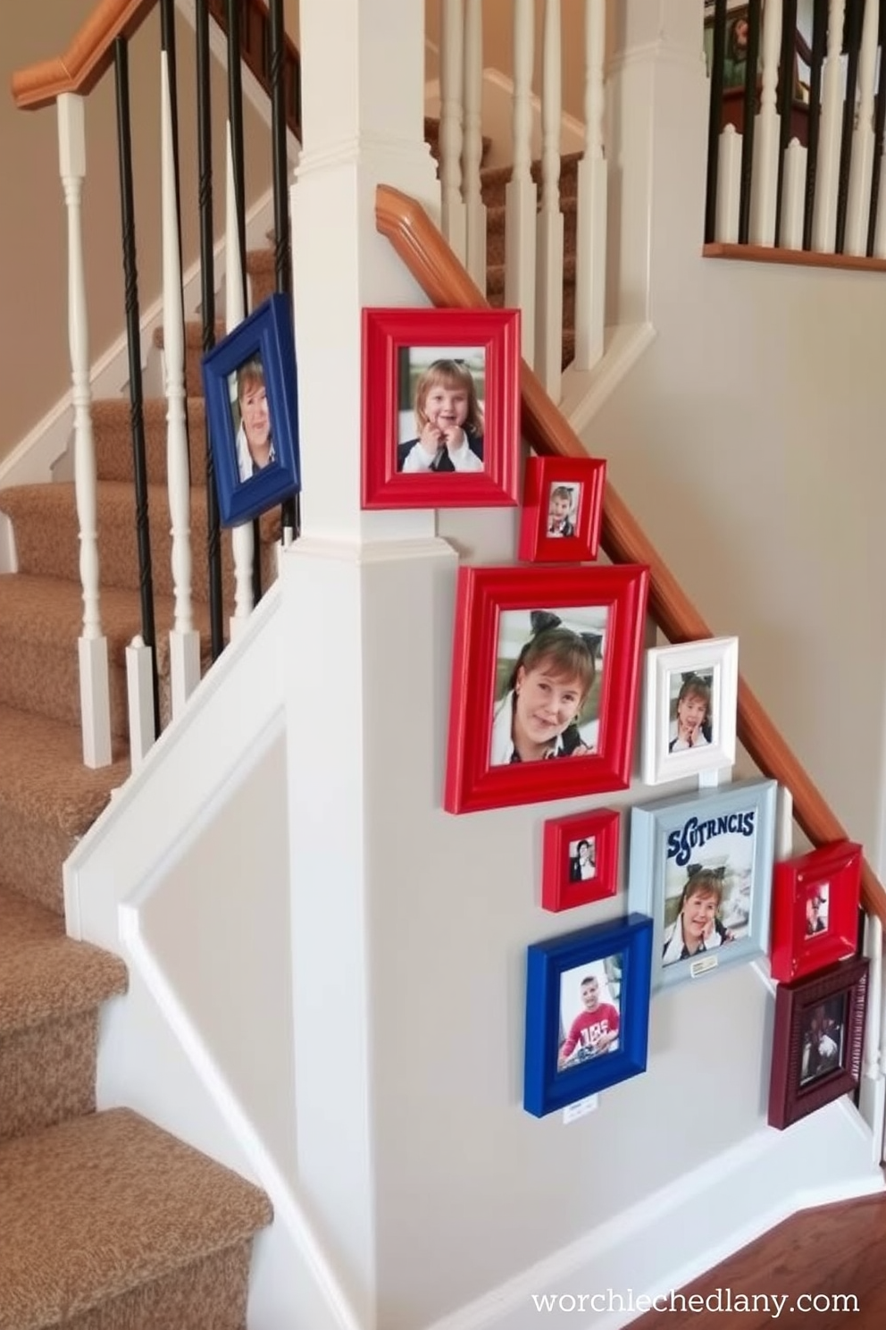 A vibrant display of colorful bunting cascades down the staircase, creating a festive atmosphere for Memorial Day celebrations. The bunting features red, white, and blue patterns, perfectly complementing the elegant wooden banister and the fresh greenery placed in decorative pots along the steps.