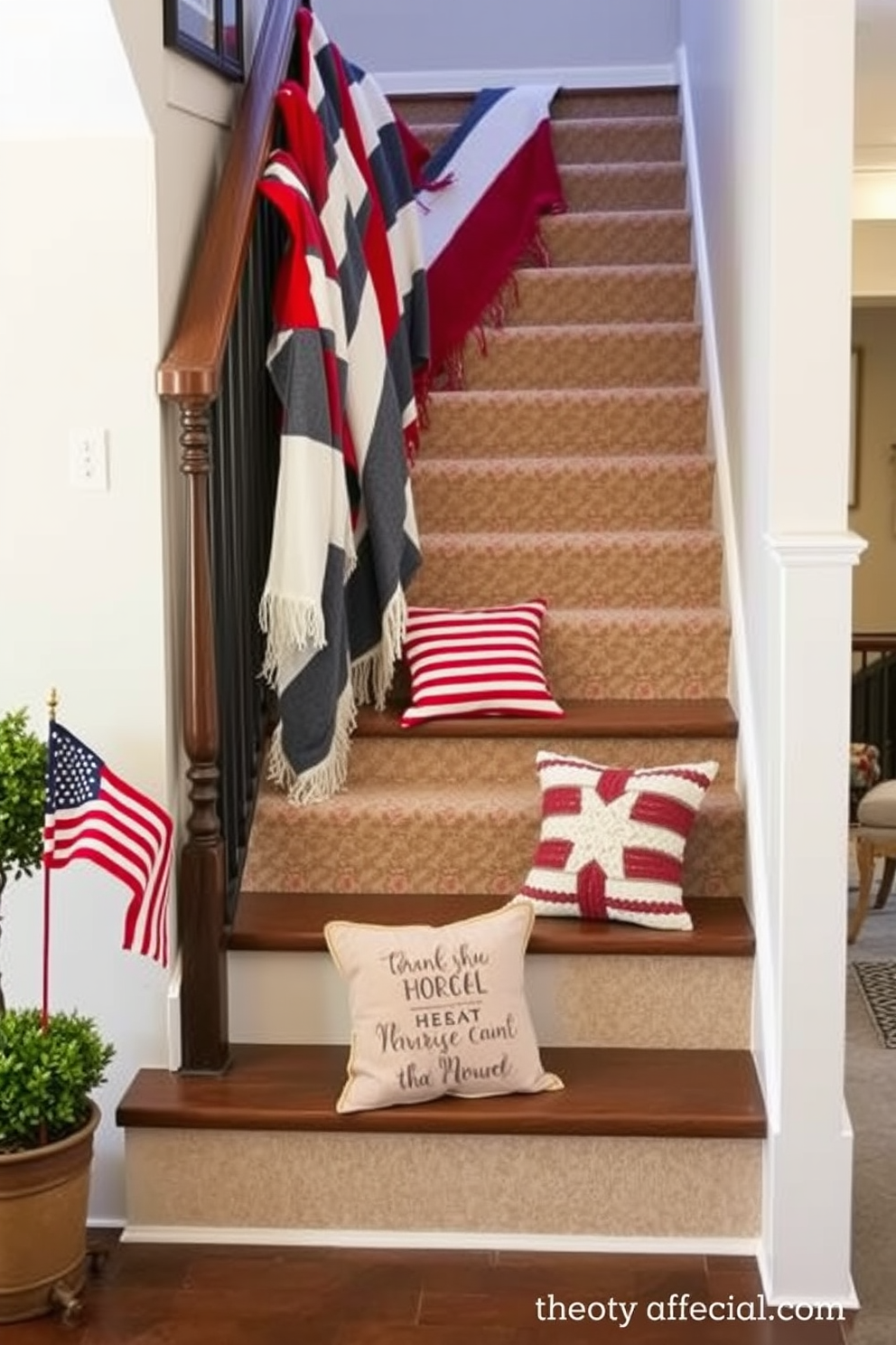 A staircase wall adorned with military memorabilia creates a heartfelt tribute to service and sacrifice. Framed photographs in vintage frames, along with medals and insignias, are arranged in a gallery style to honor veterans. Decorative elements such as a shadow box displaying military uniforms and a flag are incorporated to enhance the theme. Soft lighting highlights the memorabilia, creating an inviting and respectful atmosphere for Memorial Day celebrations.