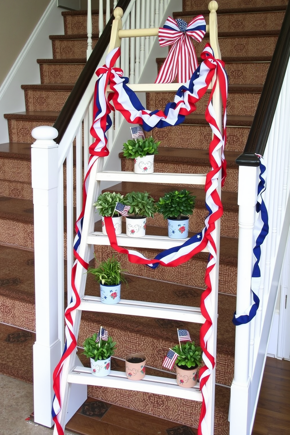 A decorative ladder is leaning against a staircase, adorned with red white and blue garlands and ribbons to celebrate Memorial Day. The ladder is filled with small potted plants and patriotic-themed decorations, creating a festive and inviting atmosphere.