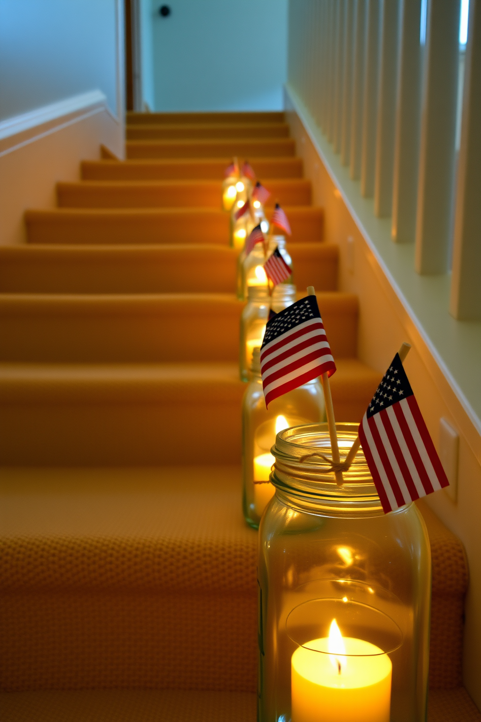 A staircase adorned with red white and blue painted rocks creates a festive and patriotic atmosphere. The rocks are strategically placed along the steps and on the railing, enhancing the holiday spirit and inviting guests to celebrate Memorial Day.