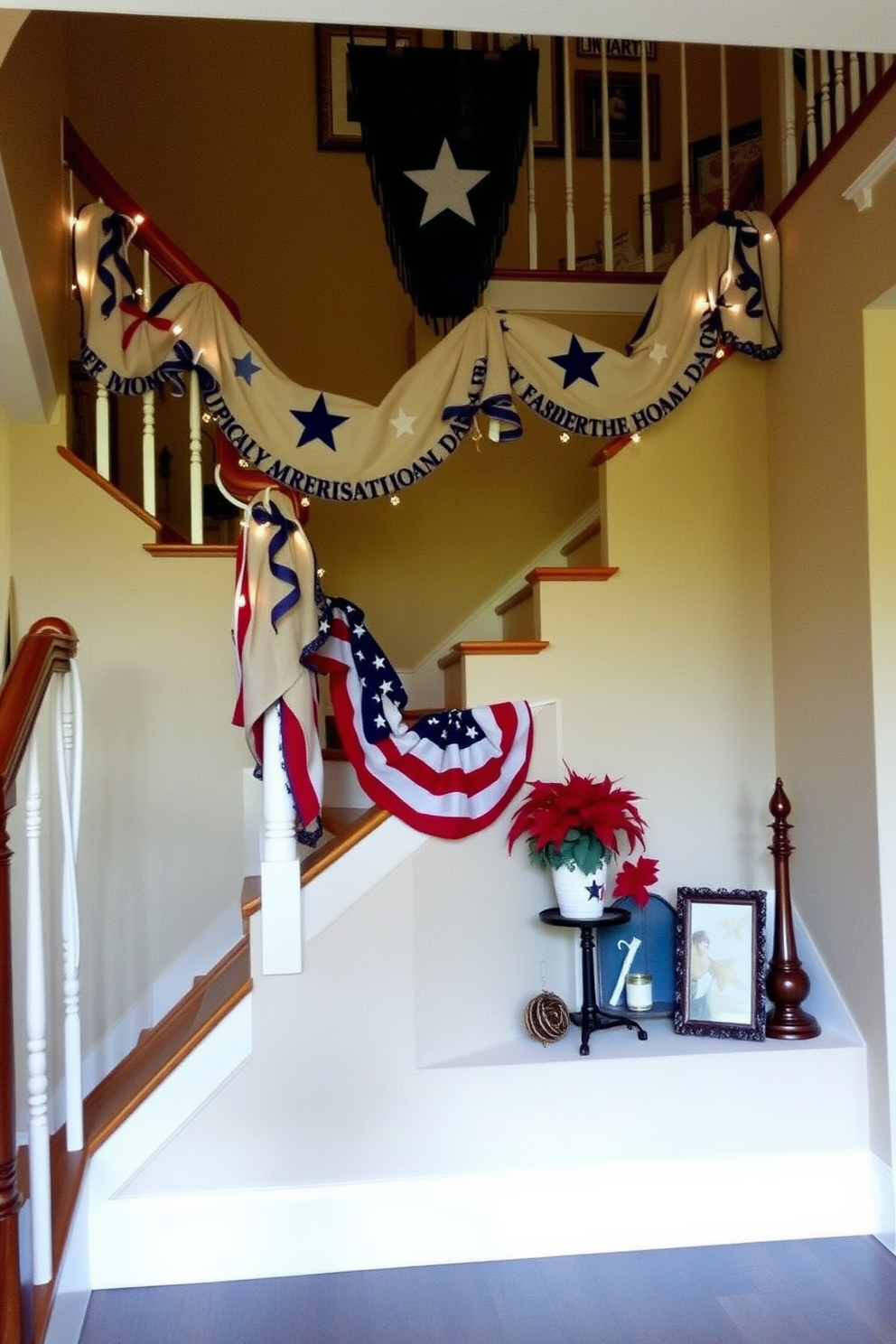 Hanging fabric banners adorned with stars create a festive atmosphere that honors the spirit of Memorial Day. The banners are draped elegantly along the staircase, adding a touch of patriotic flair to the home. The staircase is enhanced with soft lighting that highlights the banners, creating a warm and inviting ambiance. Complementary decor items such as red, white, and blue accents can be placed on the steps to further celebrate the occasion.