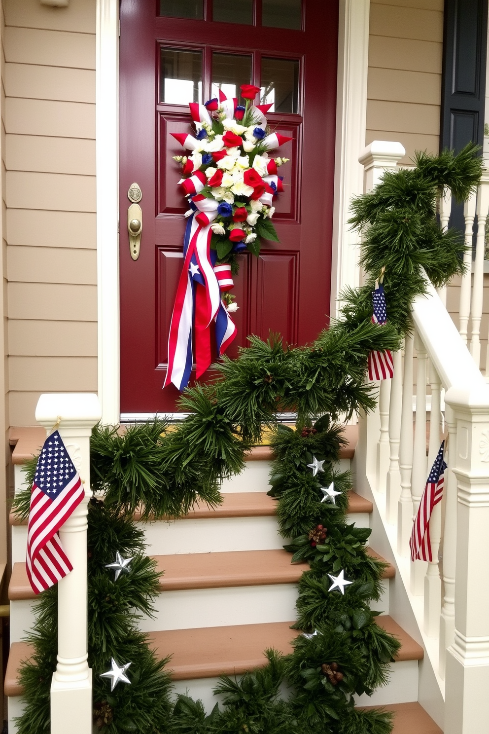 A patriotic themed door swag adorns the entrance, featuring red white and blue ribbons intertwined with fresh flowers. The swag is complemented by small American flags that add a festive touch to the overall decor. The staircase is elegantly decorated with garlands of greenery and red white and blue accents. Each step is adorned with small flags and decorative stars to enhance the Memorial Day theme.