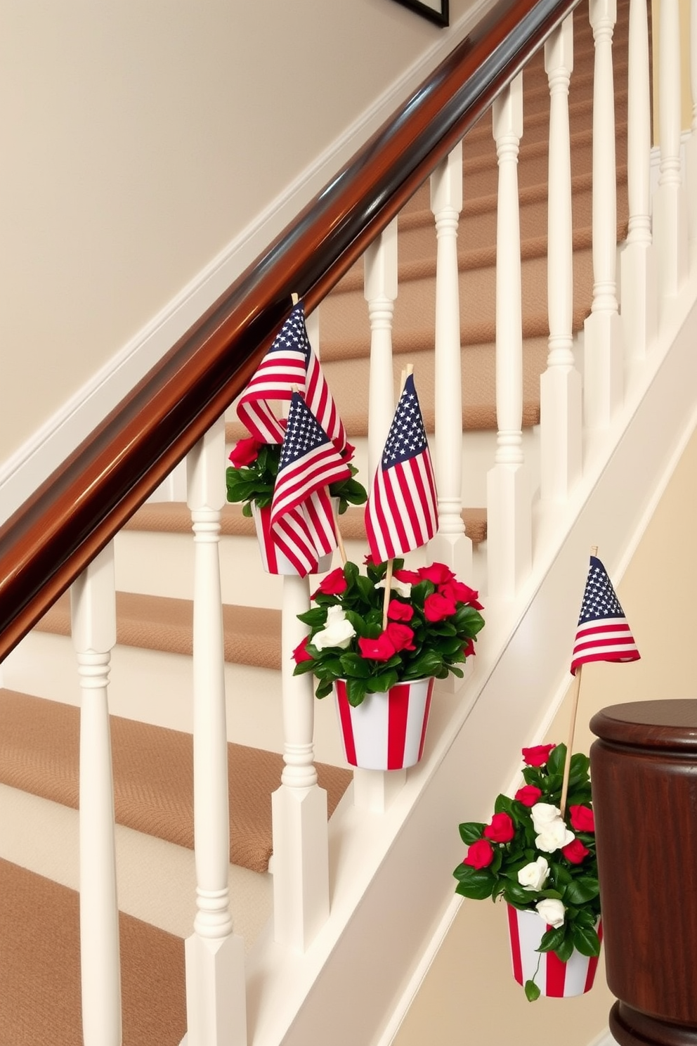 Create a festive staircase adorned with mini American flags placed in vibrant flower pots. The flower pots should be arranged along the staircase railing, adding a patriotic touch to the Memorial Day celebration.