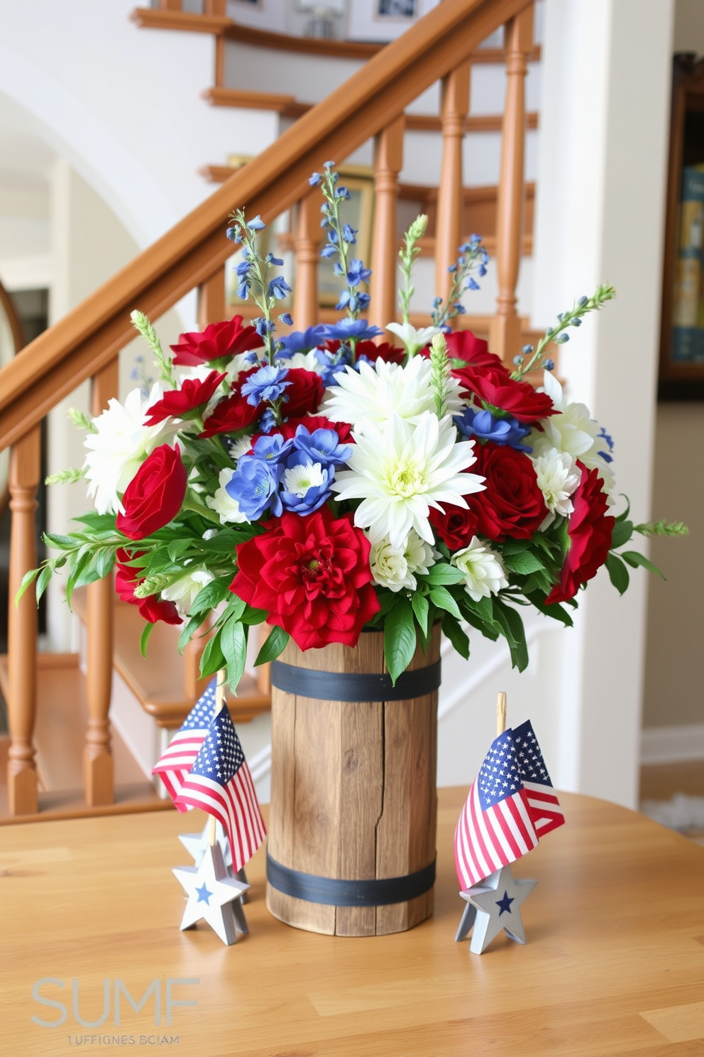 A vibrant seasonal centerpiece adorns the staircase table, featuring red white and blue flowers arranged in a rustic wooden vase. Surrounding the vase are small American flags and decorative stars, creating a festive atmosphere for Memorial Day.