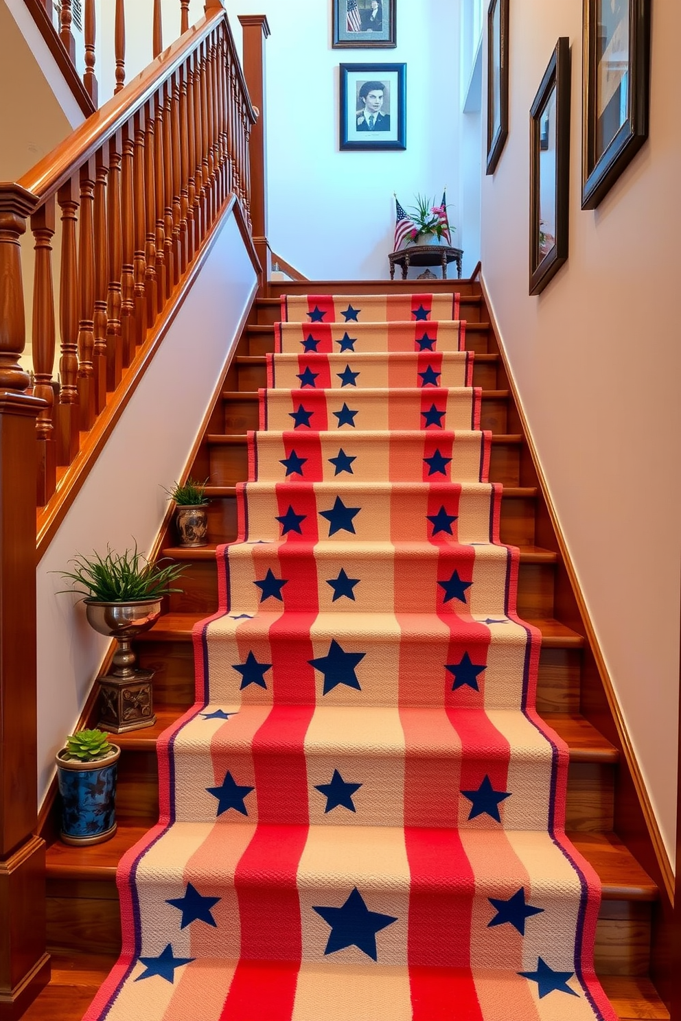 A vibrant stars and stripes themed stair runner cascades down a beautifully crafted wooden staircase. The runner features alternating red and white stripes with blue star accents, creating a patriotic atmosphere perfect for Memorial Day. Decorative elements such as small potted plants and framed patriotic artwork line the staircase walls. Soft lighting highlights the runner, enhancing the festive spirit while maintaining an elegant look.