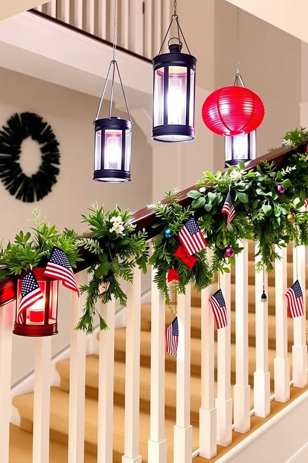 Hanging lanterns in red white and blue colors illuminate the staircase creating a festive atmosphere for Memorial Day. The lanterns are arranged in varying heights along the staircase railing adorned with fresh greenery and small American flags.