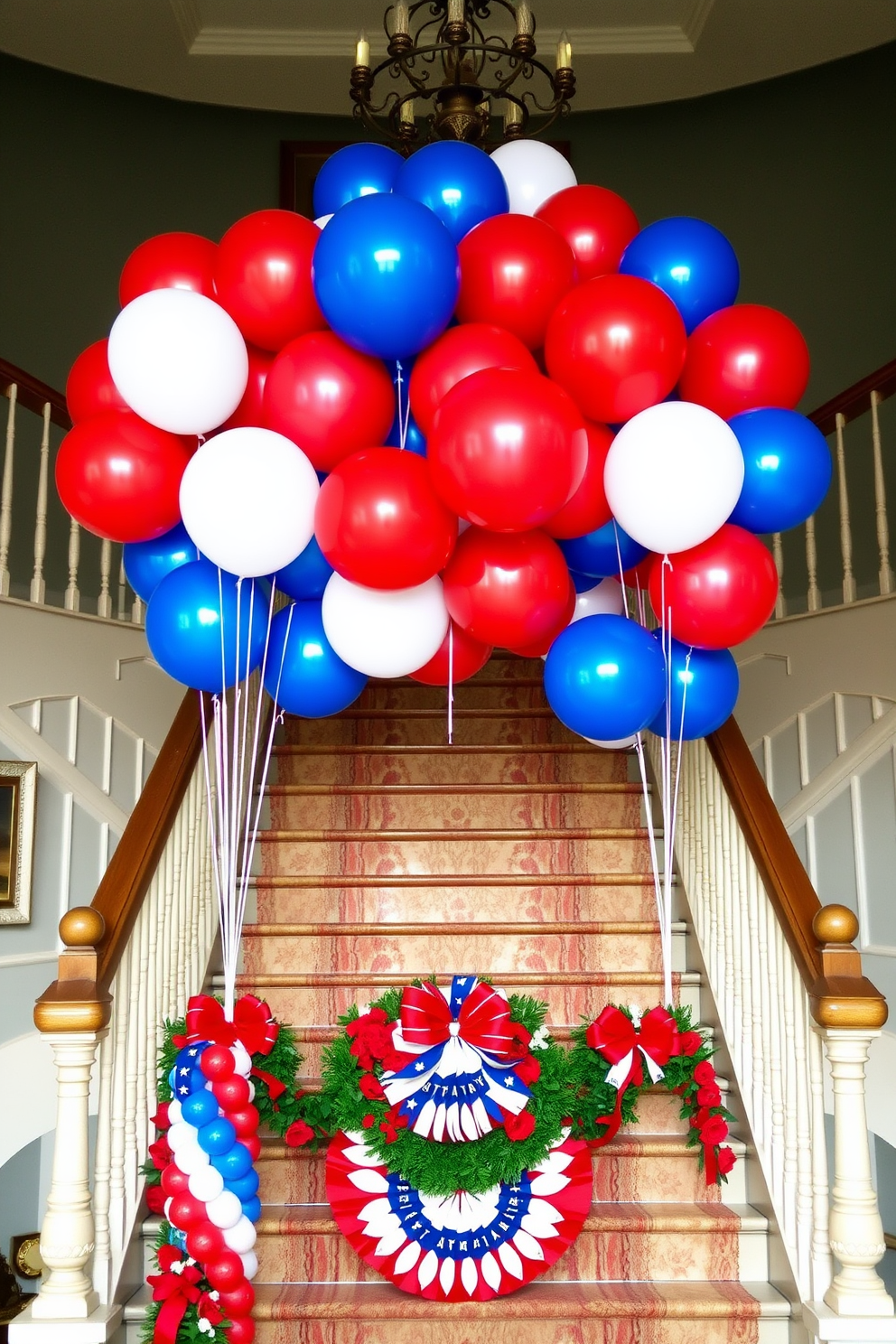 A vibrant display of red white and blue balloons clusters around a beautifully decorated staircase for Memorial Day. The balloons are arranged in varying sizes, creating a festive atmosphere that honors the holiday.