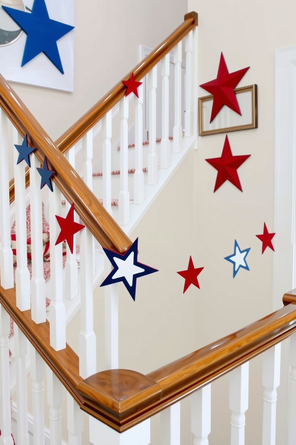 A festive staircase adorned with cascading red white and blue balloons creates a vibrant atmosphere for Memorial Day celebrations. The balloons are arranged in clusters at various heights, leading guests up the staircase and enhancing the patriotic theme.