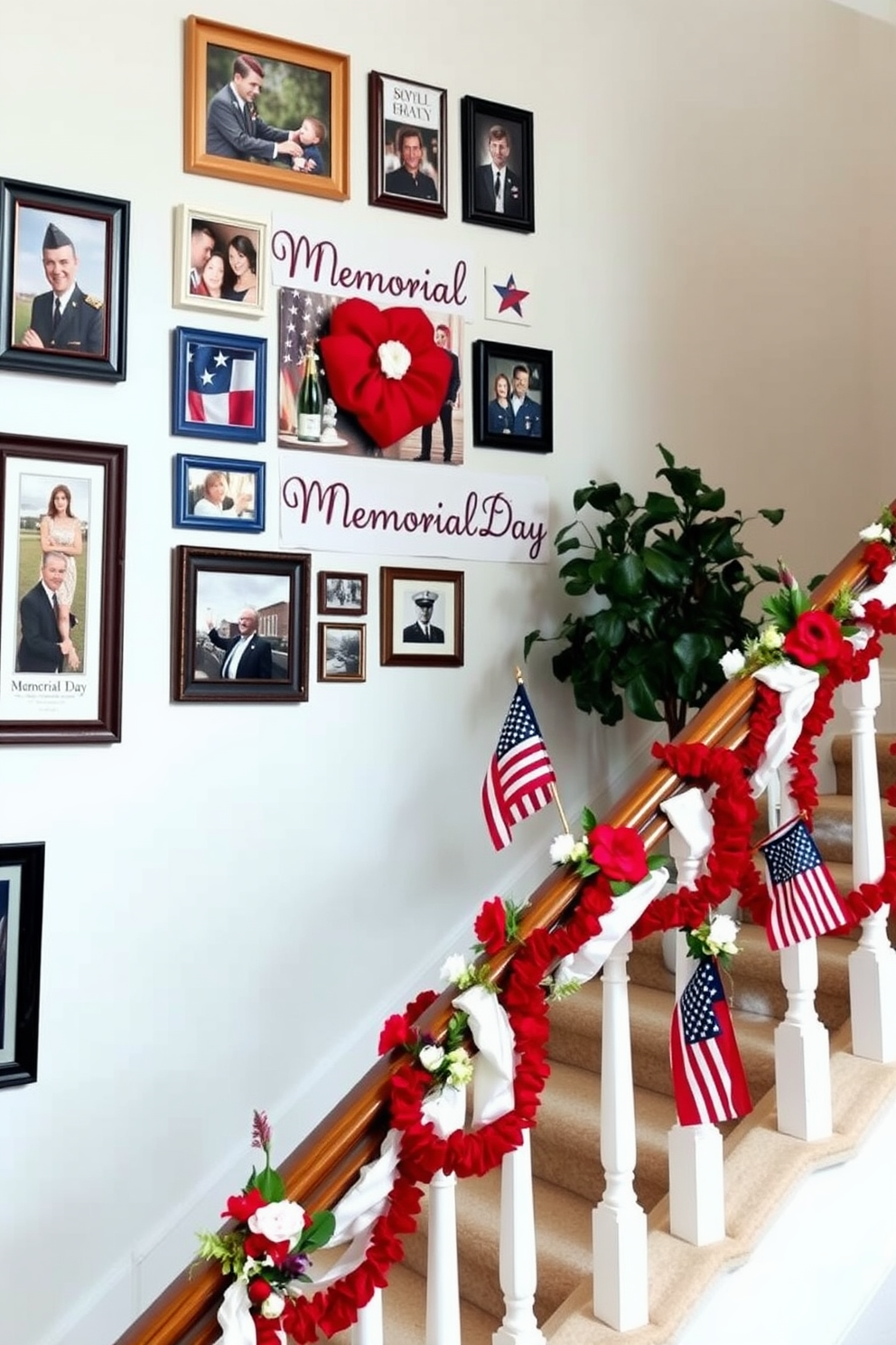 A beautiful photo collage dedicated to Memorial Day adorns the wall. The collage features a mix of framed photographs, patriotic colors, and decorative elements that pay tribute to the holiday. The staircase is elegantly decorated for Memorial Day with red white and blue garlands. Along the railing are small American flags and seasonal flowers that enhance the festive atmosphere.