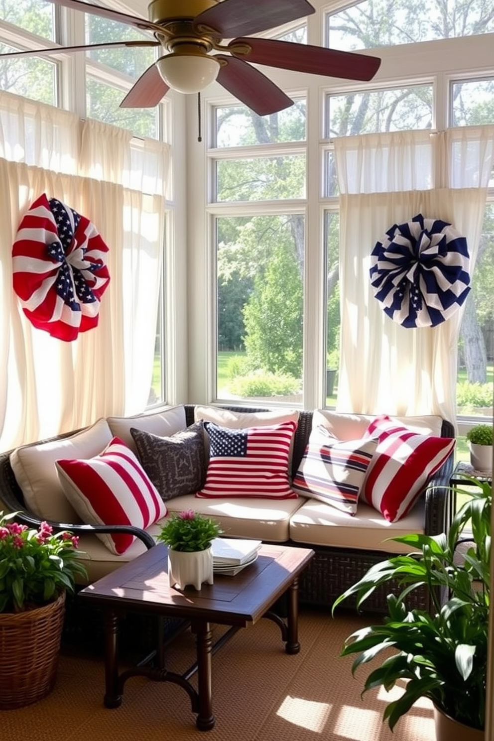 A rustic wooden table is adorned with a patriotic tablecloth featuring red white and blue patterns. Surrounding the table are mismatched chairs that add charm to the sunroom filled with natural light and greenery.