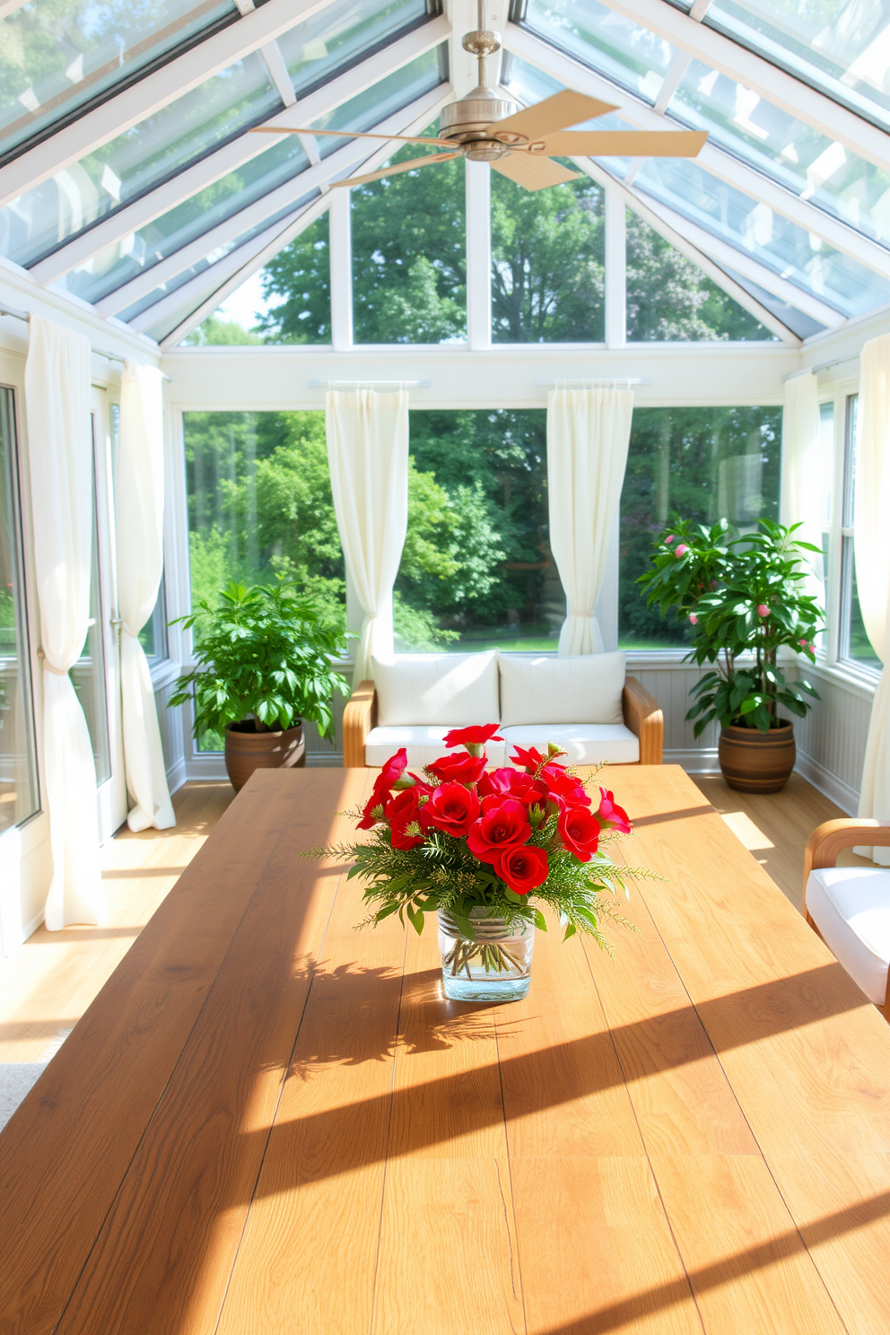 A sunroom filled with natural light showcases DIY painted flower pots adorned with festive flags. The pots are displayed on a rustic wooden table surrounded by vibrant greenery and colorful blooms, creating a cheerful atmosphere for Memorial Day celebrations.